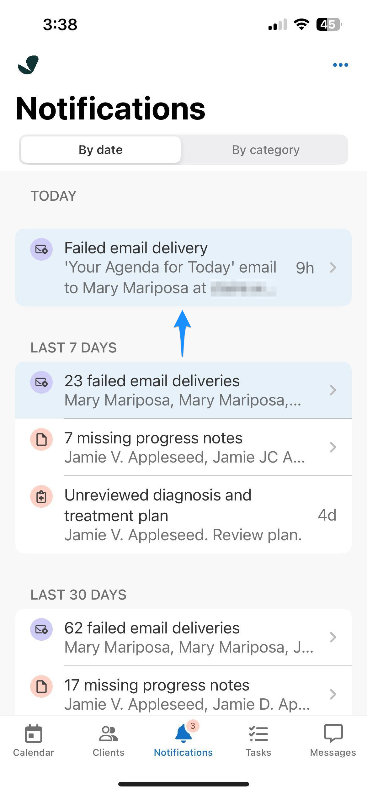 Blue arrow points to a notification in the By date view of the Notifications screen.
