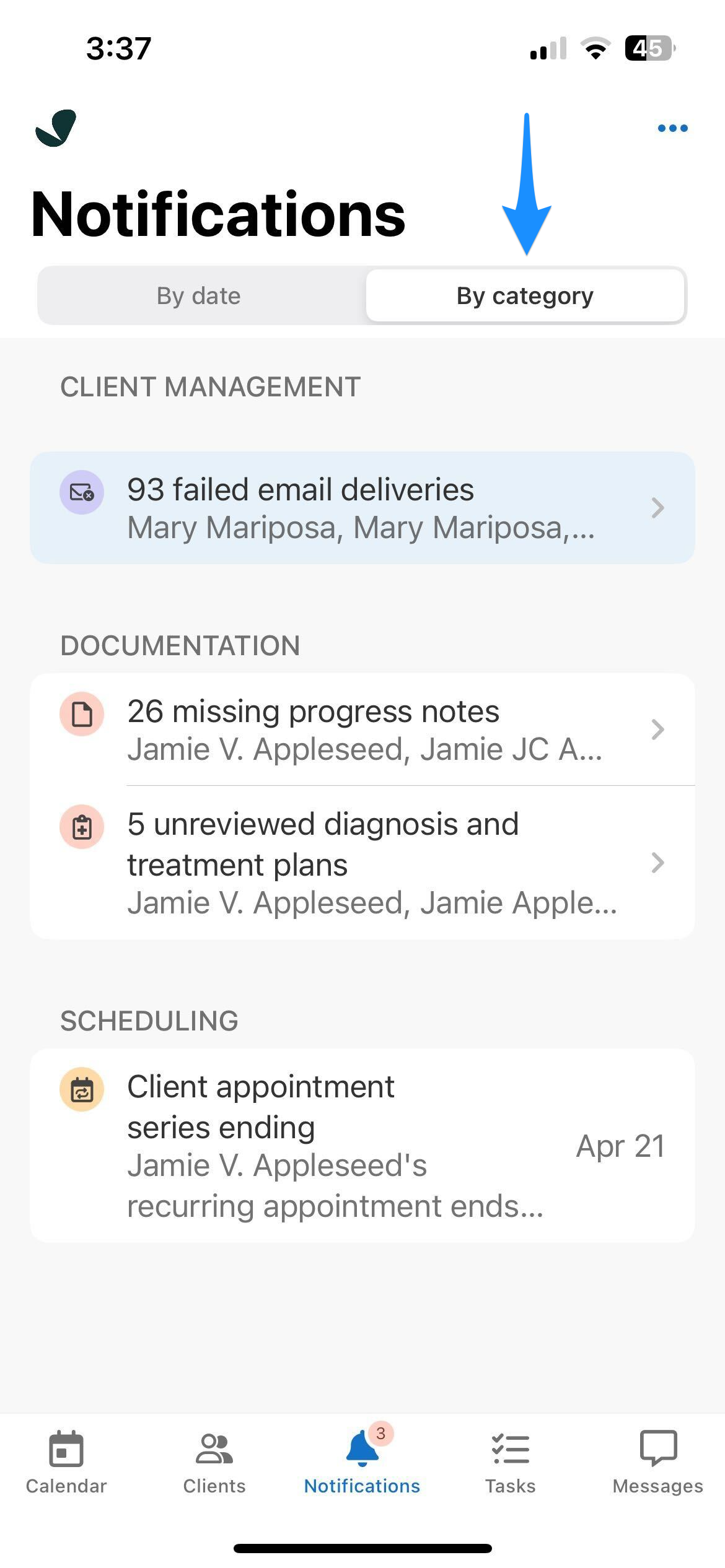 Blue arrow points to the By category tab on the Notifications screen, which groups notifications by type.