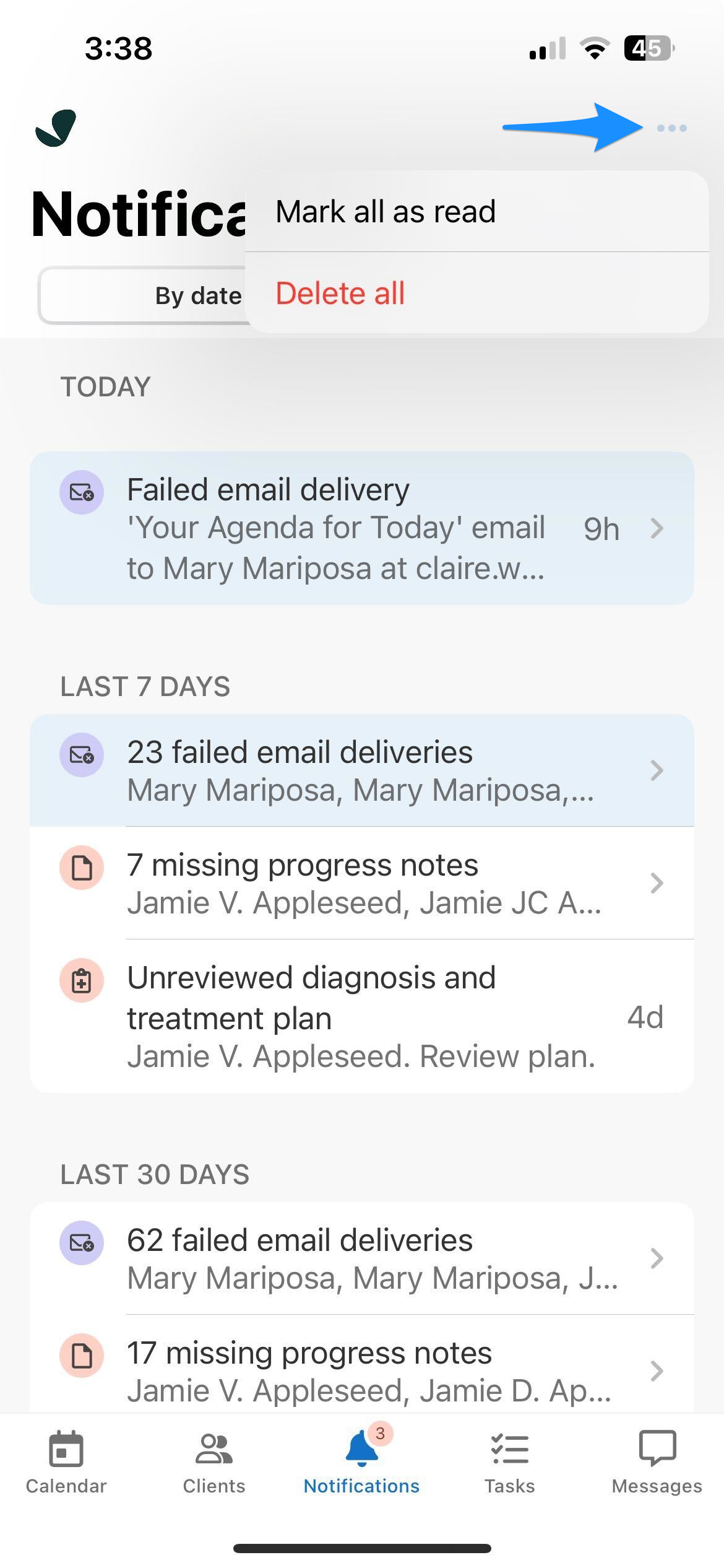Blue arrow points to the three-dot menu in the Notifications screen, showing the Mark all as read and Delete all options.