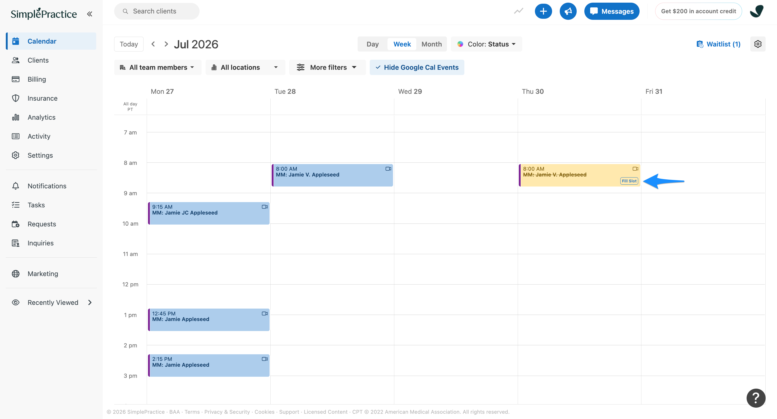 Blue arrow points to the Fill Slot button displayed on a calendar appointment.