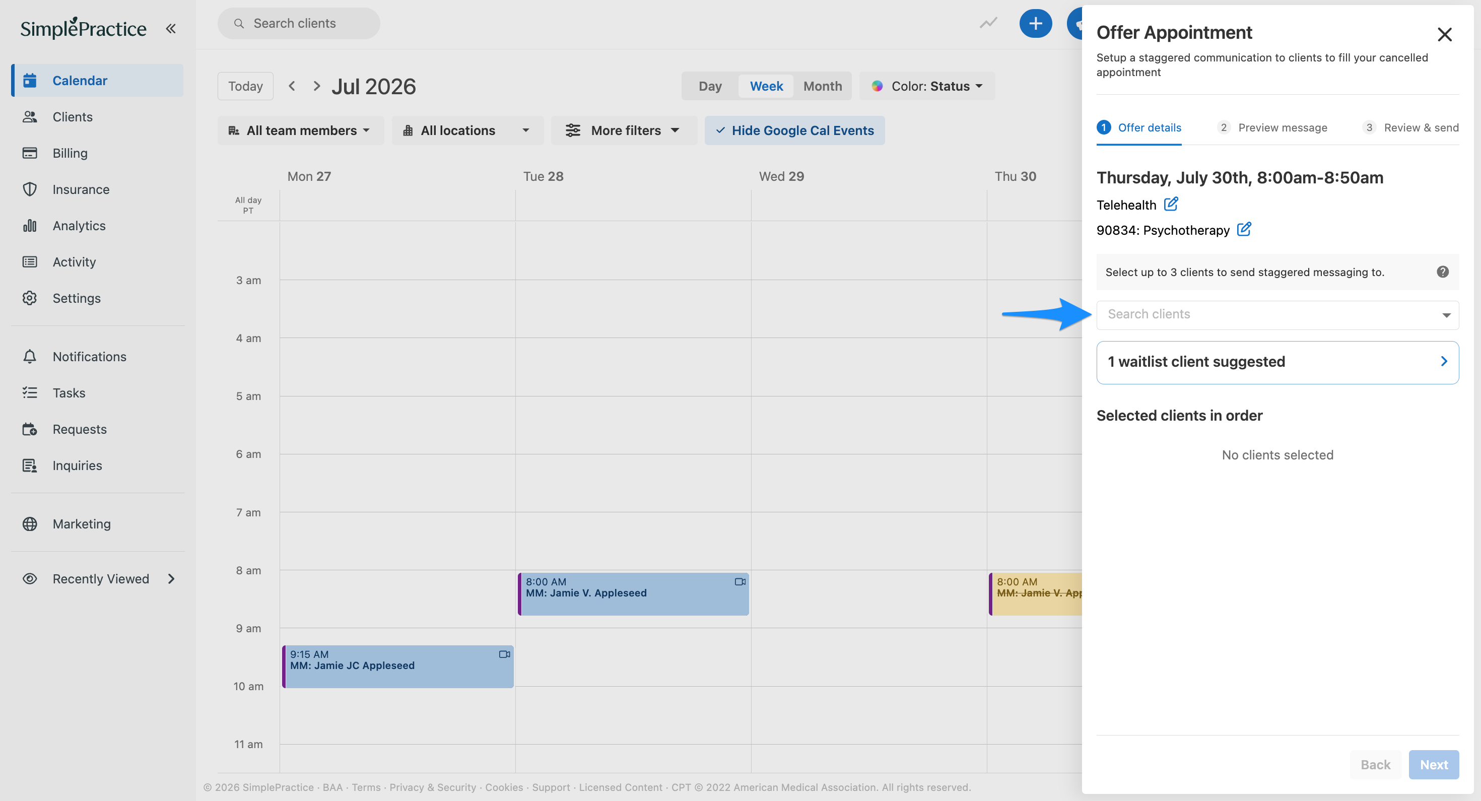 Blue arrow points to the Search clients field in the Offer Appointment flyout for finding clients to add to the offer list.