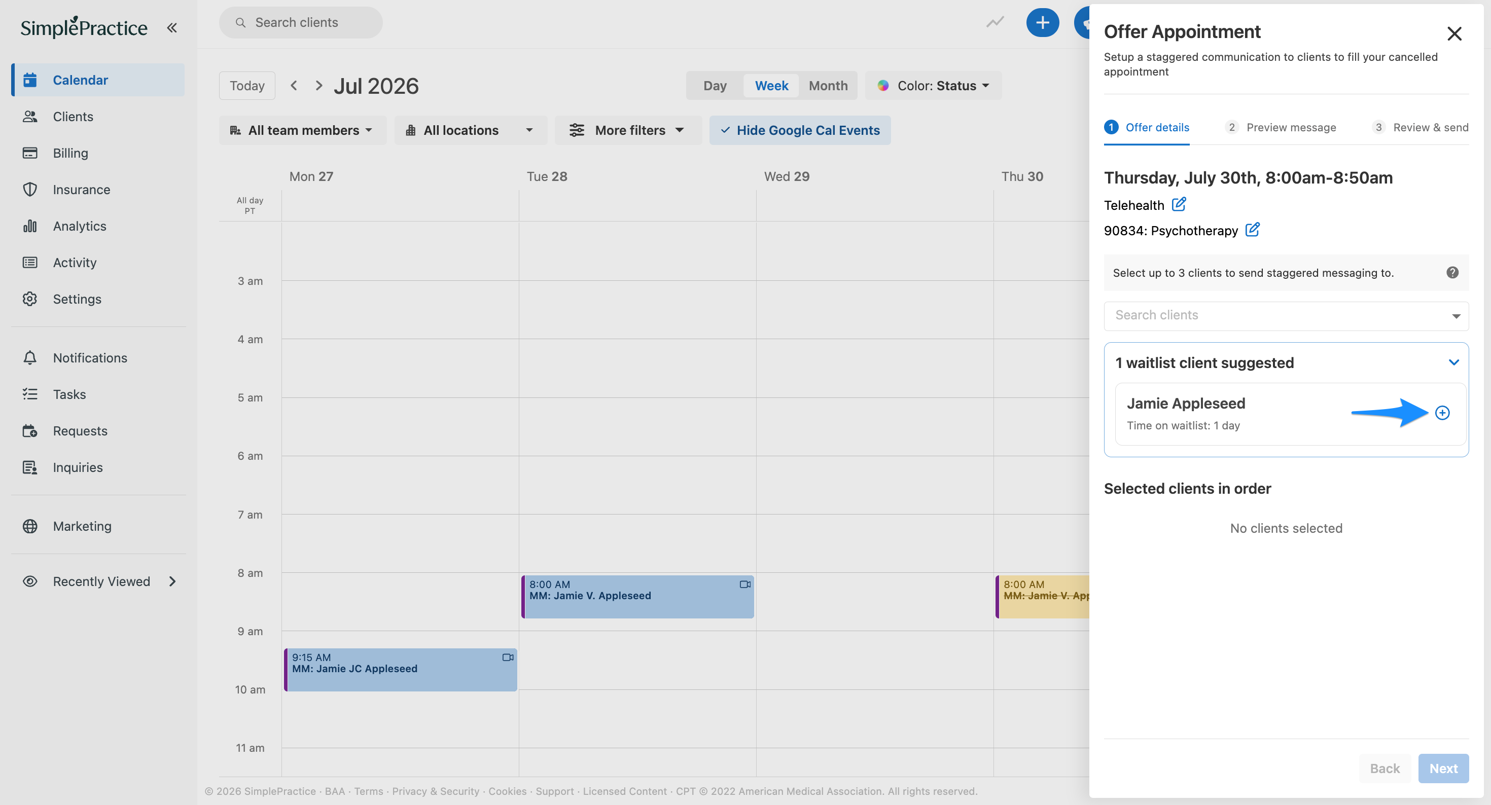 Blue arrow points to the Add button for a suggested waitlist client in the Offer Appointment flyout.