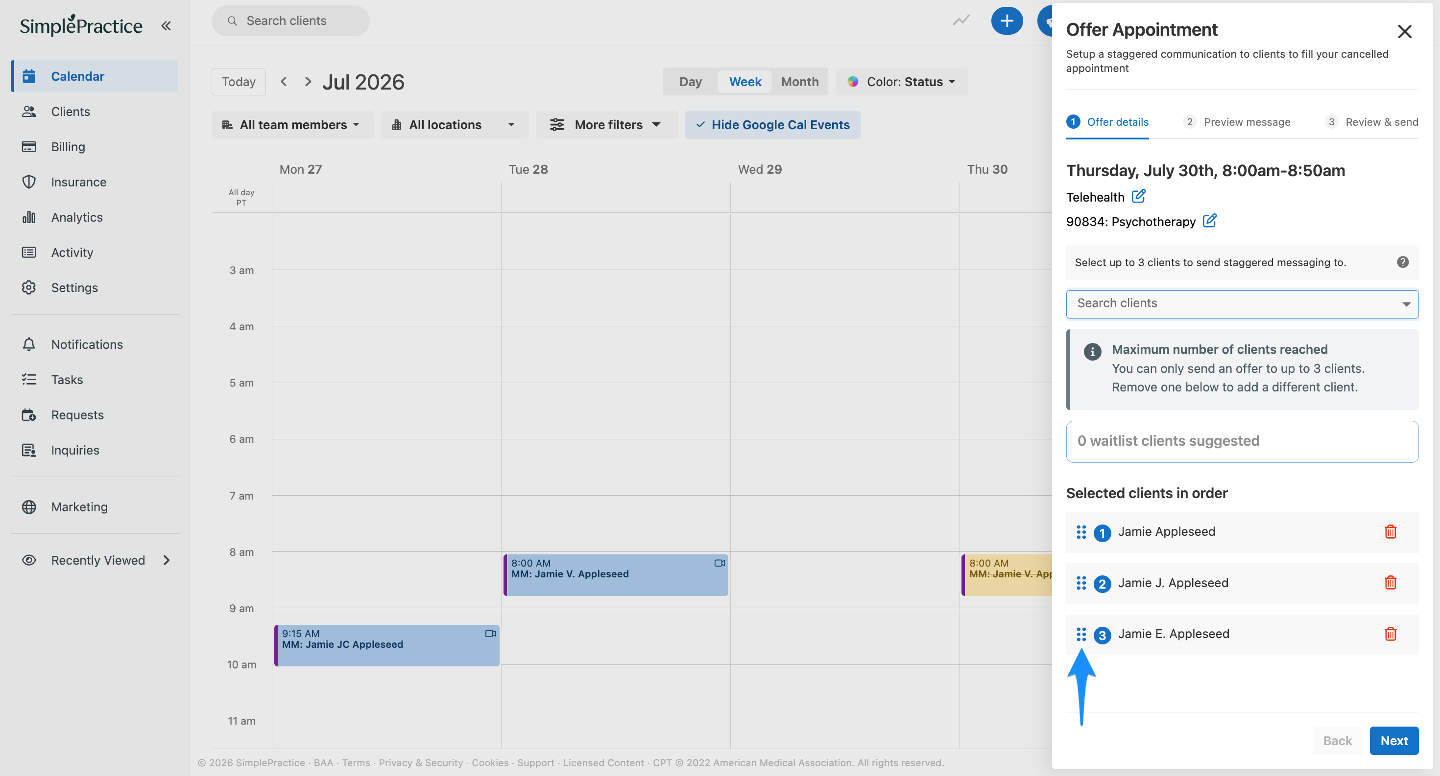Blue arrow points to the drag dots used to reorder selected clients in the Offer Appointment flyout.