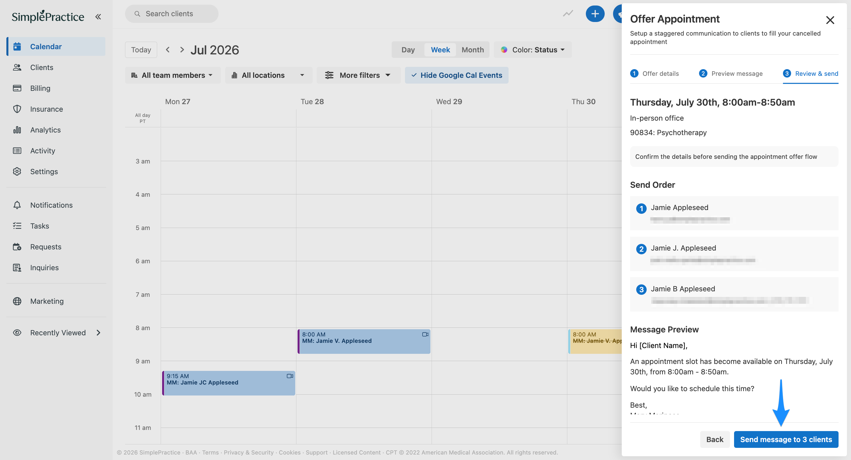 Blue arrow points to the Send message to 3 clients button to send the appointment offer.