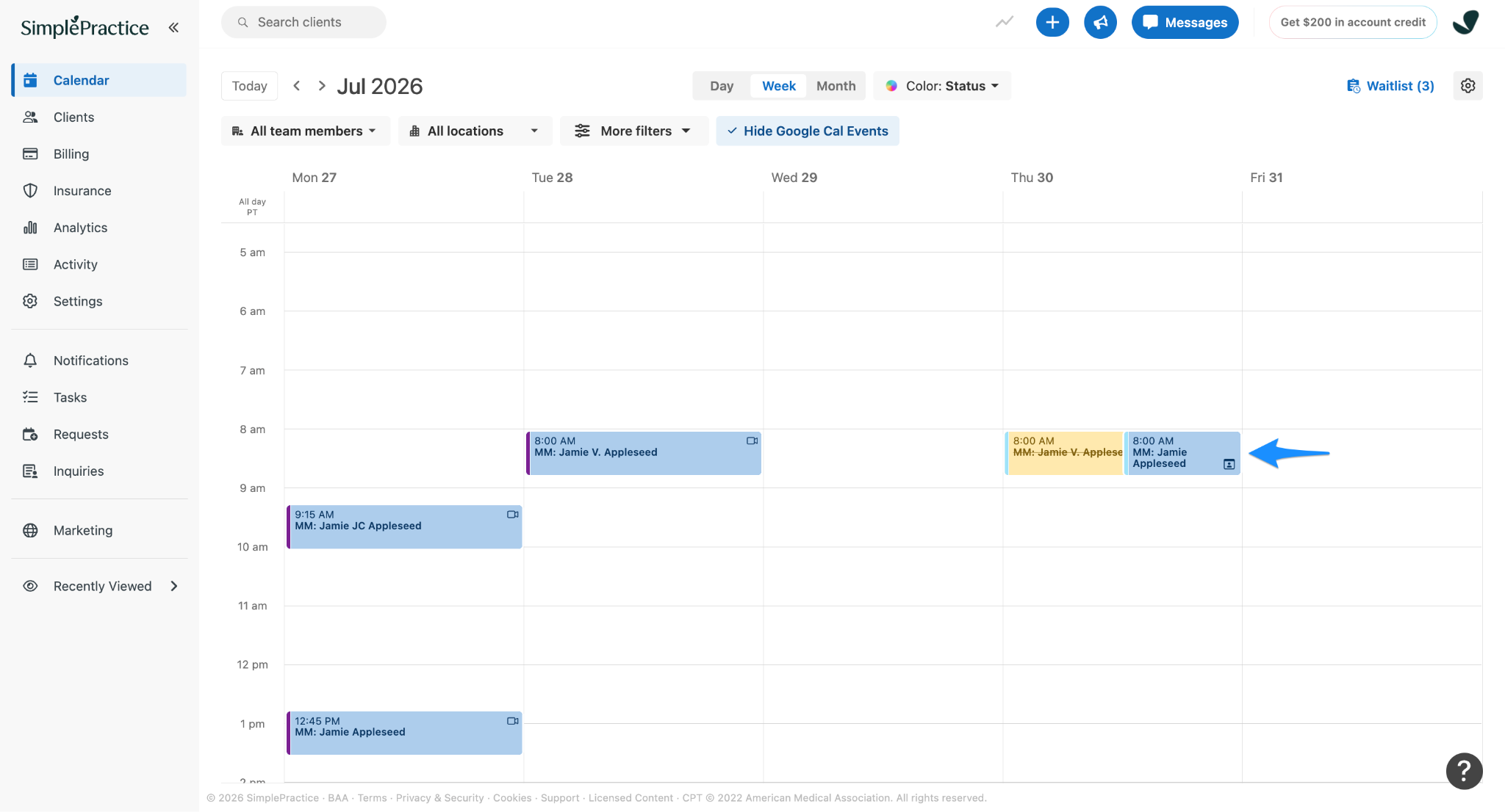 Blue arrow points to a newly booked appointment that appears in the calendar after a client accepts an appointment offer.