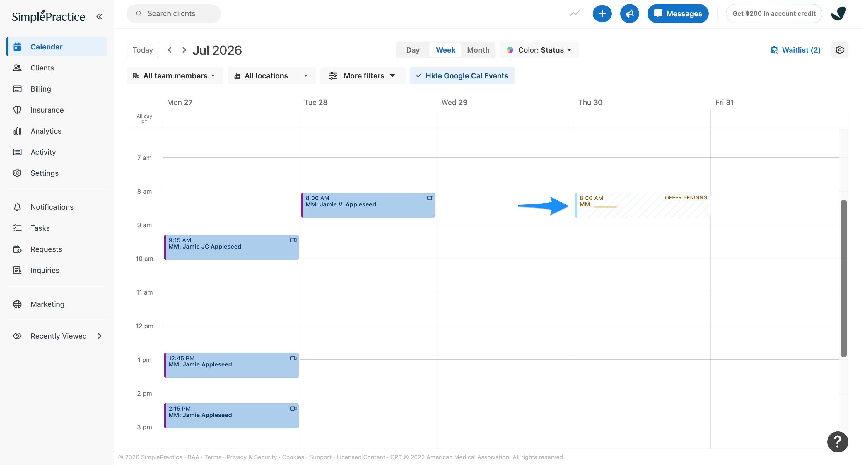 Blue arrow points to an appointment on the calendar with an Offer pending status after an appointment offer has been sent.
