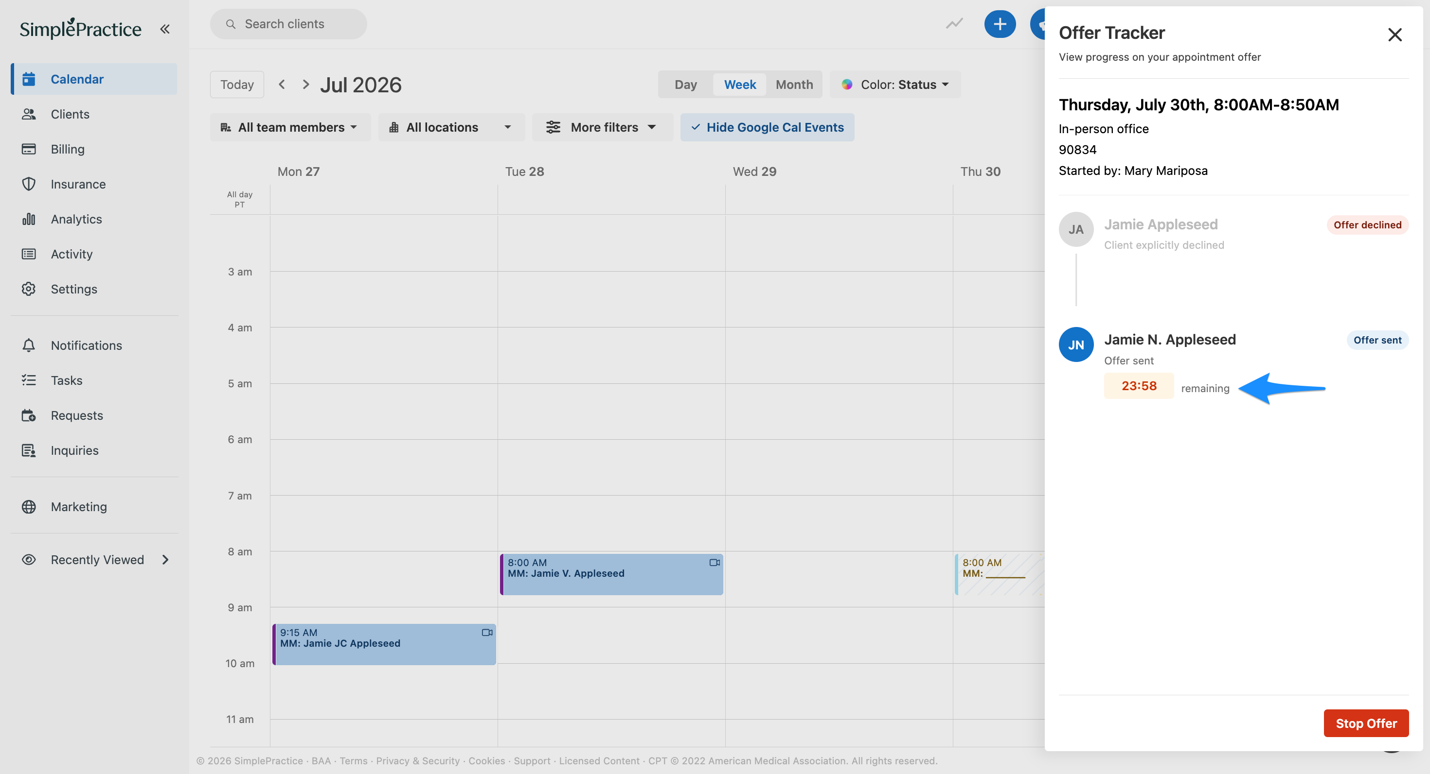 Blue arrow points to the remaining response time for the current client in the Offer Tracker panel.