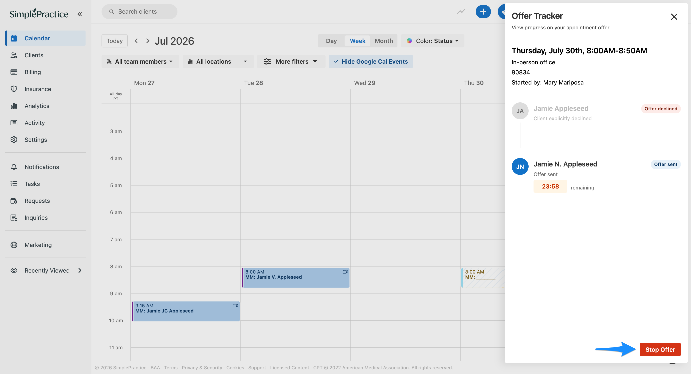 Blue arrow points to the Stop Offer button in the Offer Tracker panel.