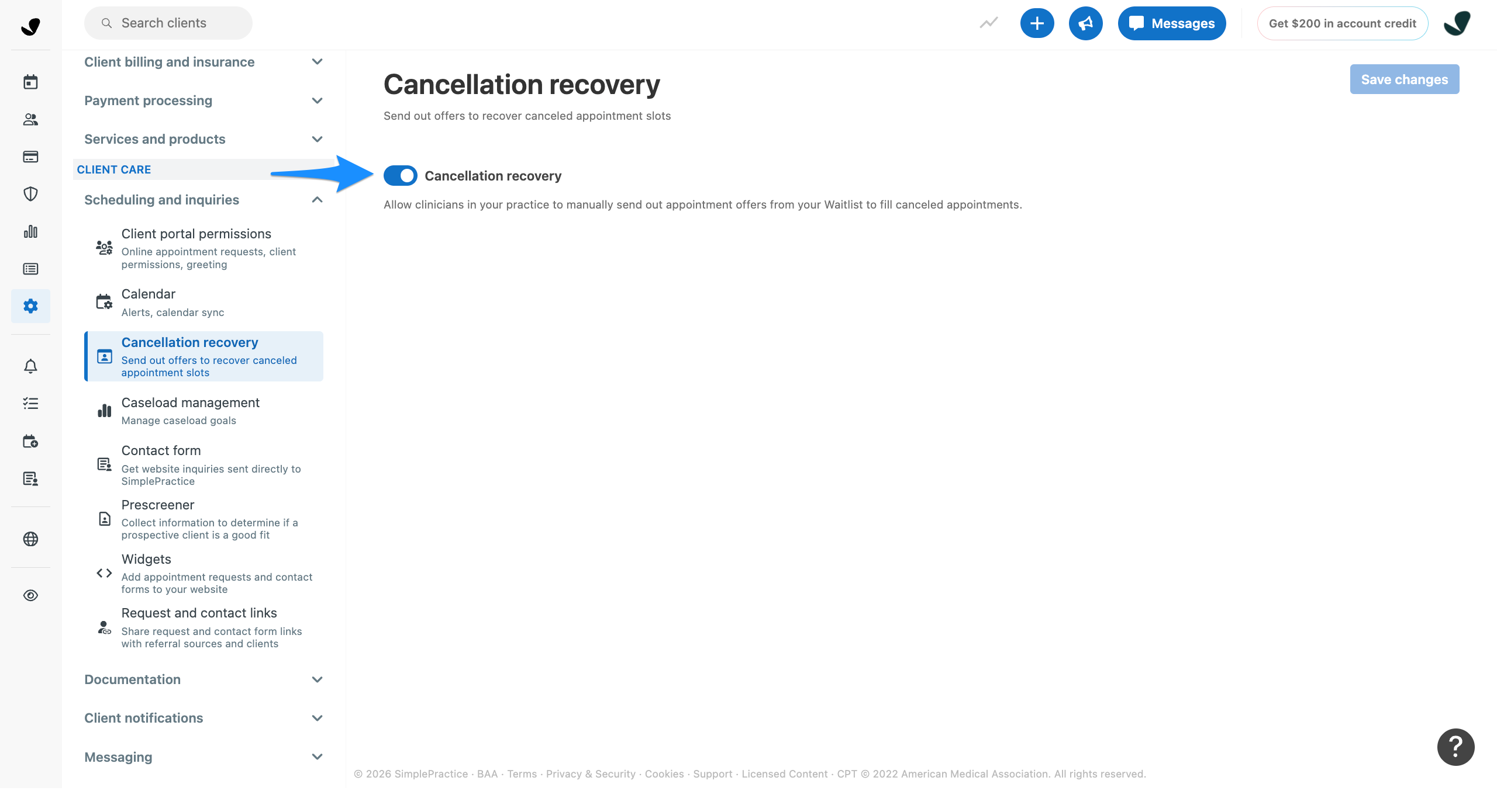 Screenshot of the Cancellation recovery settings page with a blue arrow pointing to the Cancellation recovery toggle.