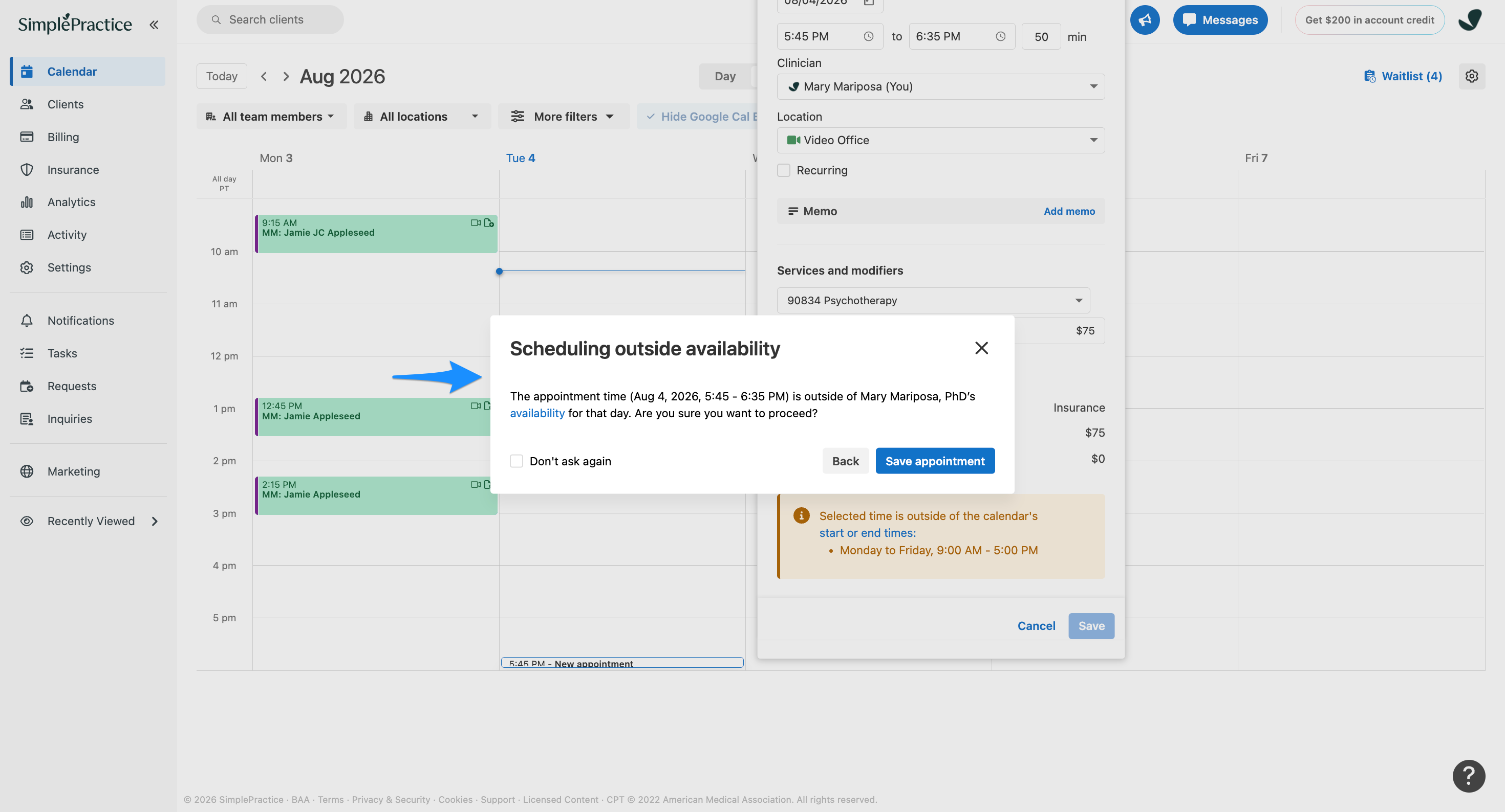 Scheduling outside availability dialog warning that the appointment is outside the clinician's configured availability.
