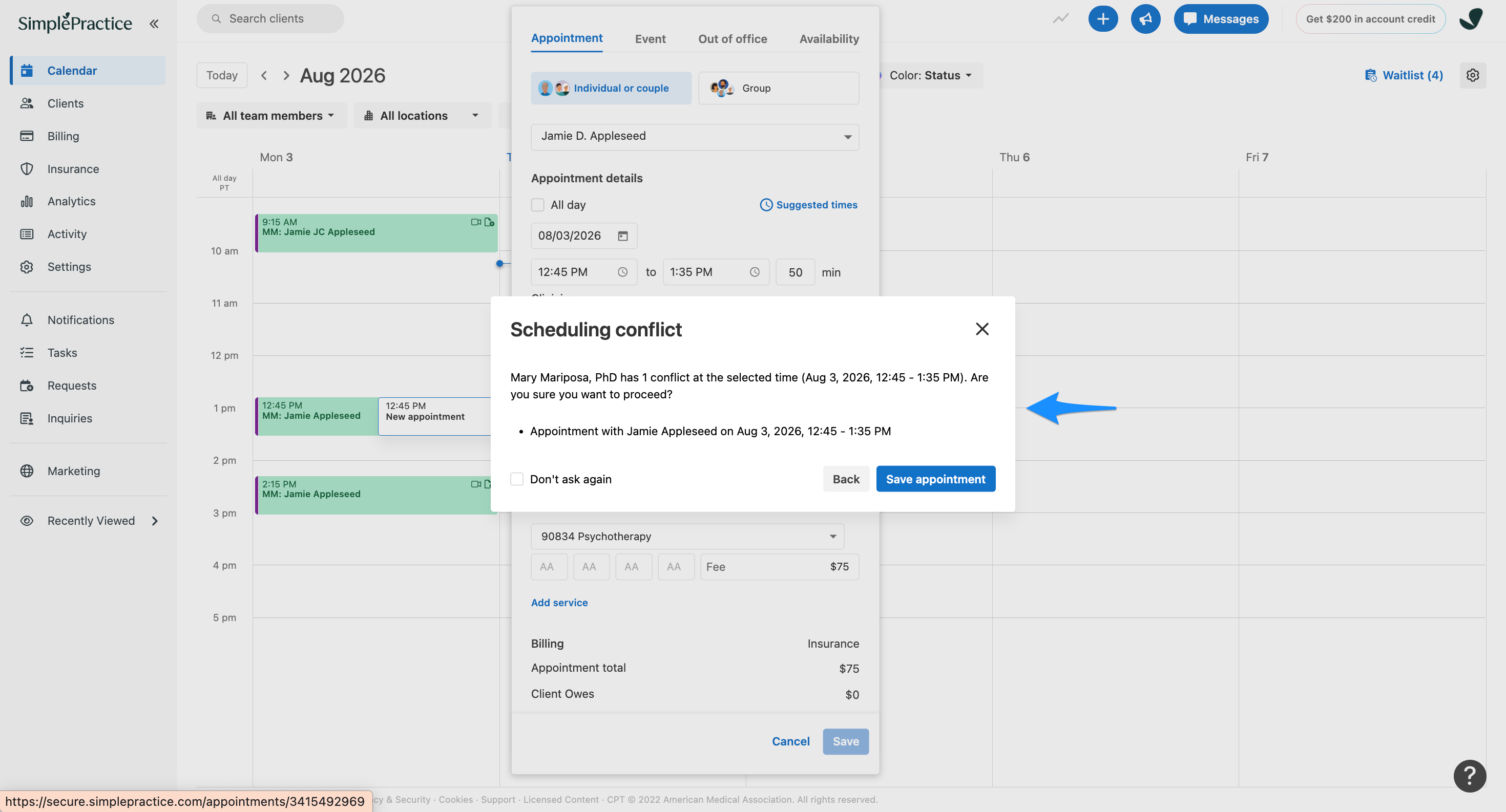 Scheduling conflict dialog warning that the selected appointment overlaps with another appointment.