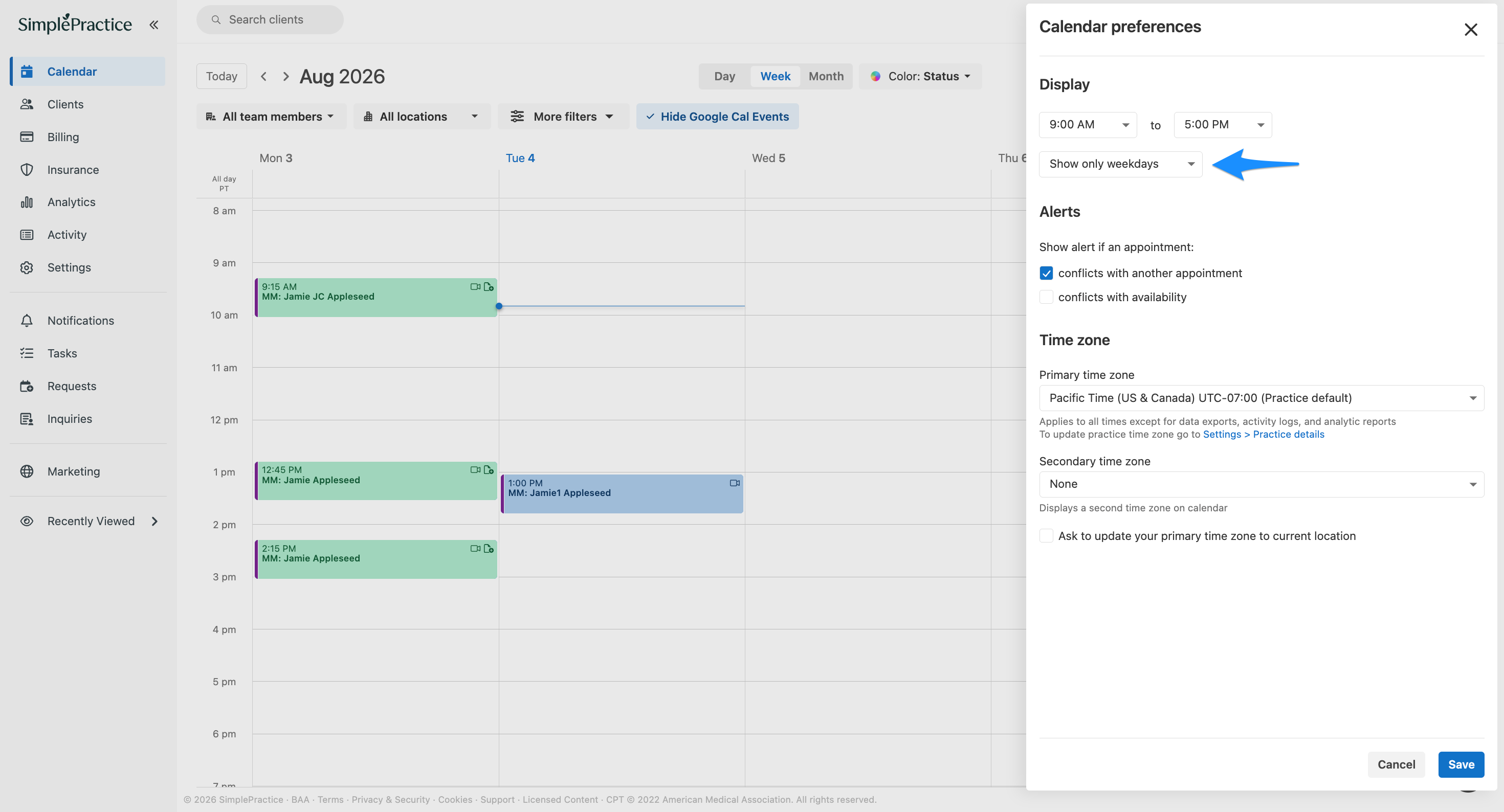 Calendar preferences panel showing the Display option for selecting which days appear on the calendar.