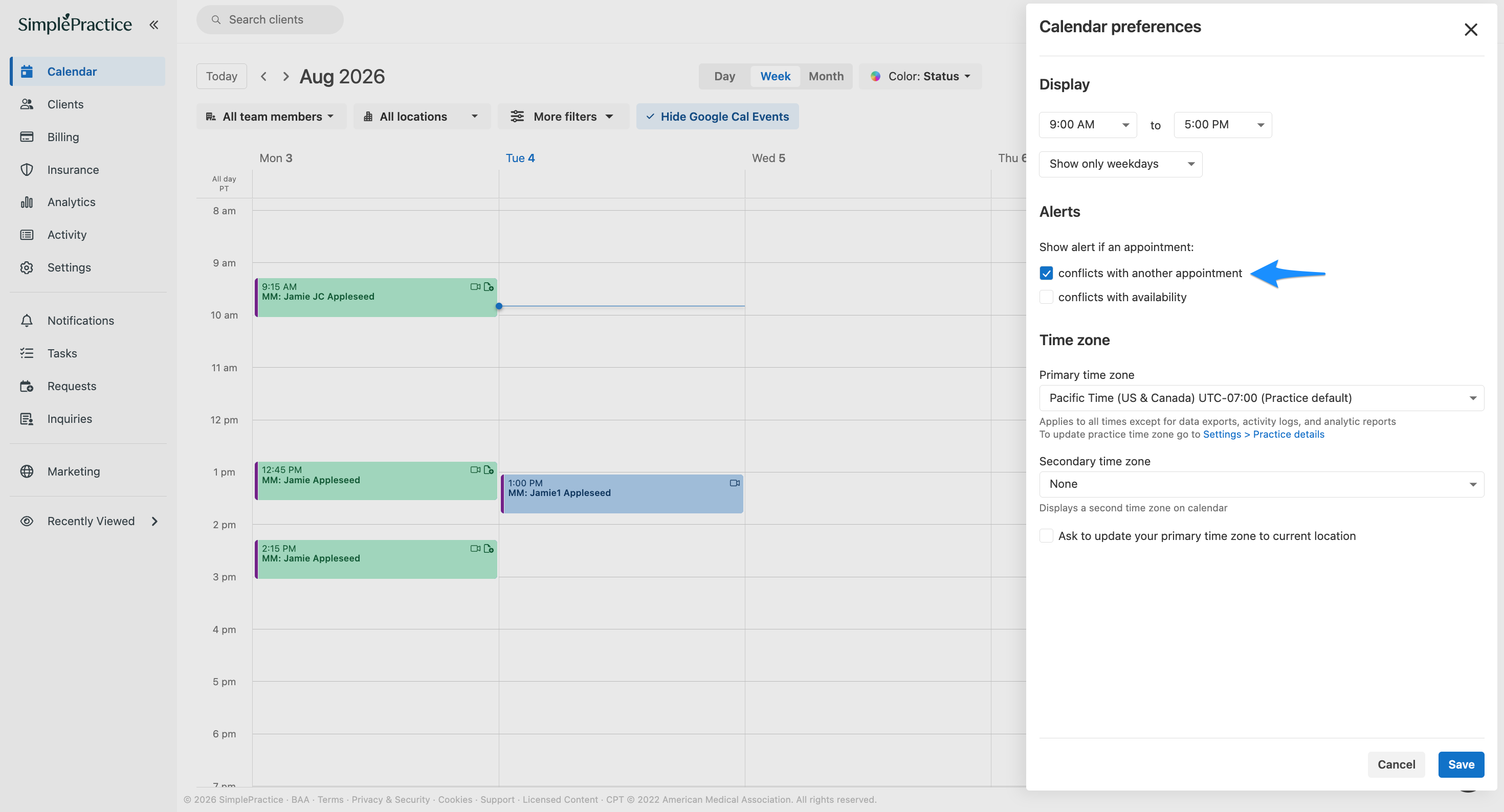 Calendar preferences panel showing the option to alert when an appointment conflicts with another appointment.