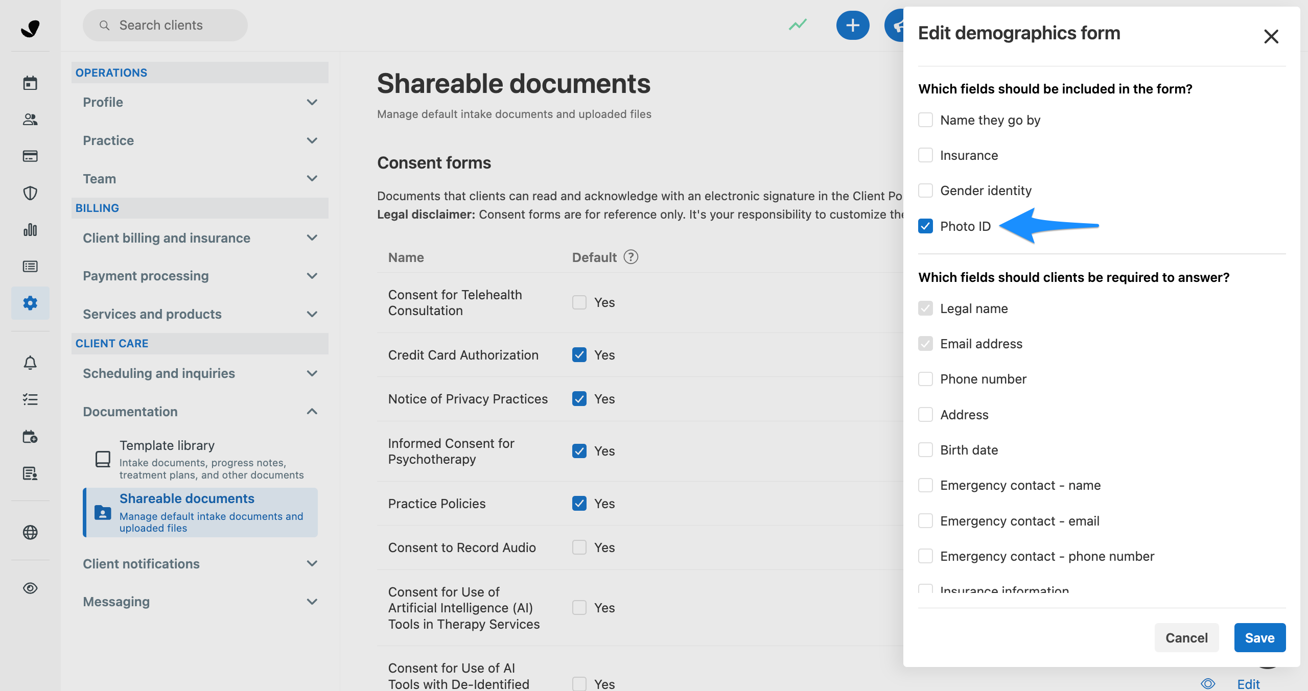 Shareable documents settings with the Photo ID field selected as an optional field to include in the demographics form.