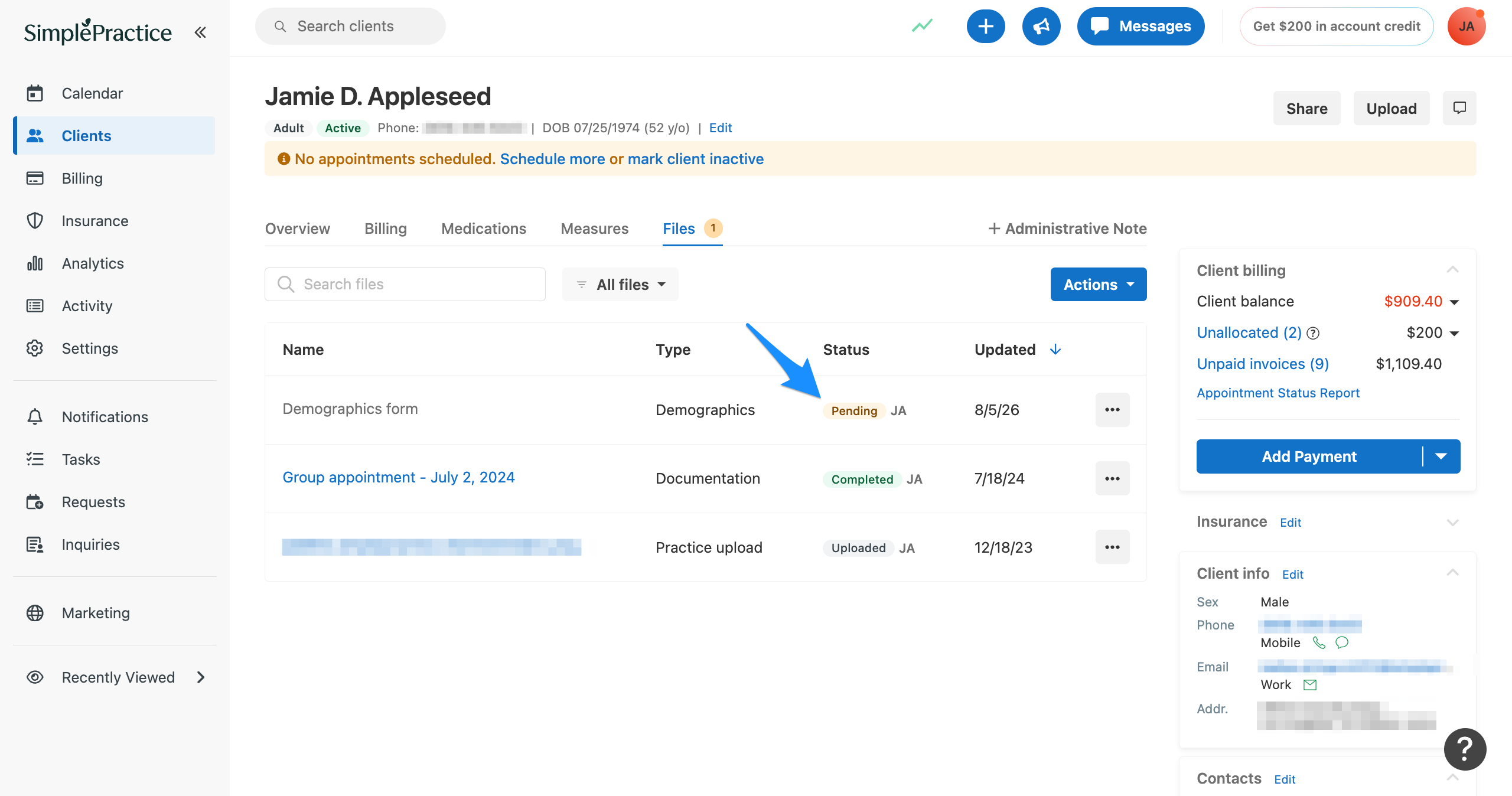 Client Files tab showing a demographics form with a Pending status after it has been shared with the client.
