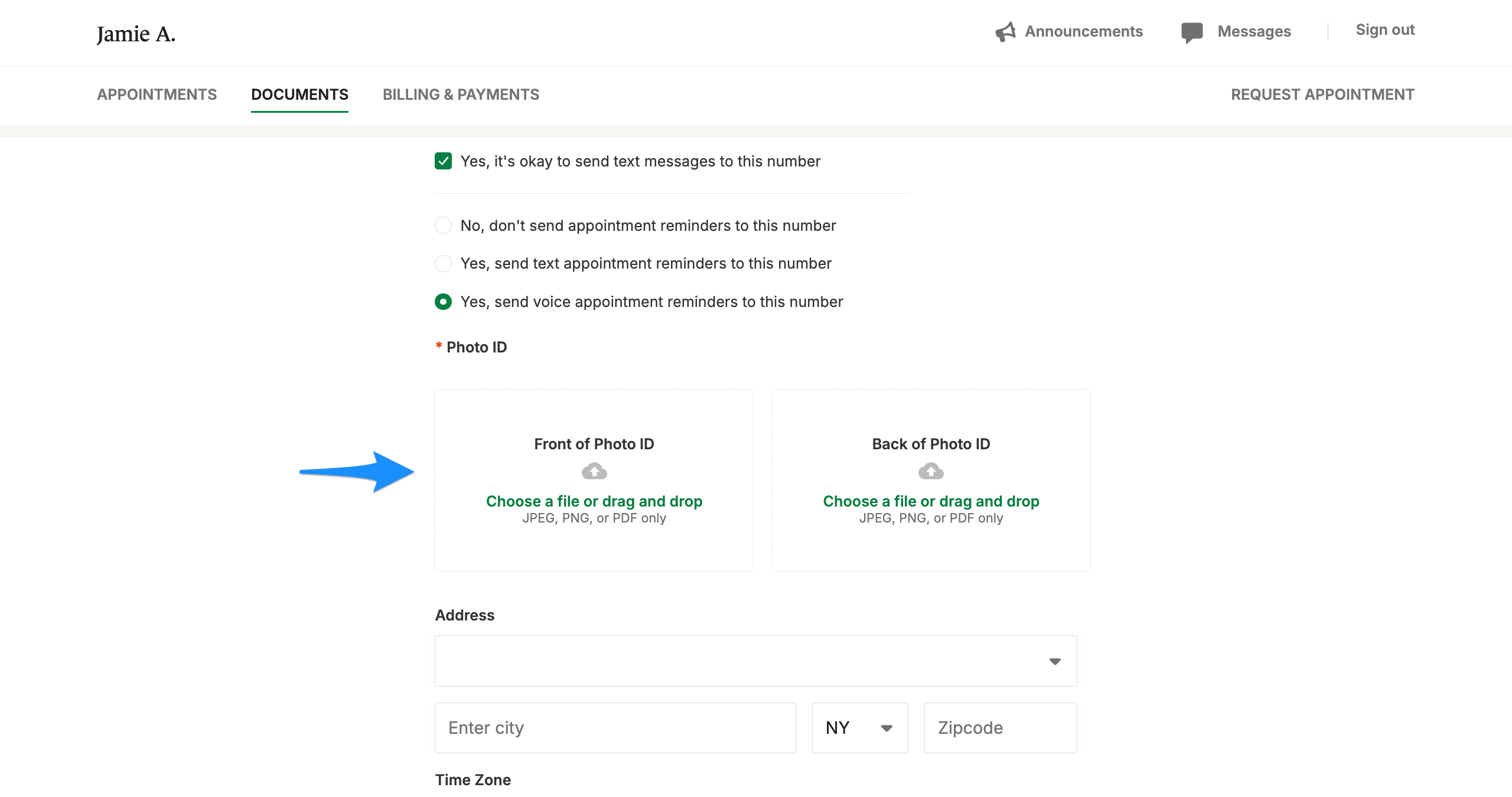 Demographics form showing upload fields for the front and back of a photo ID.