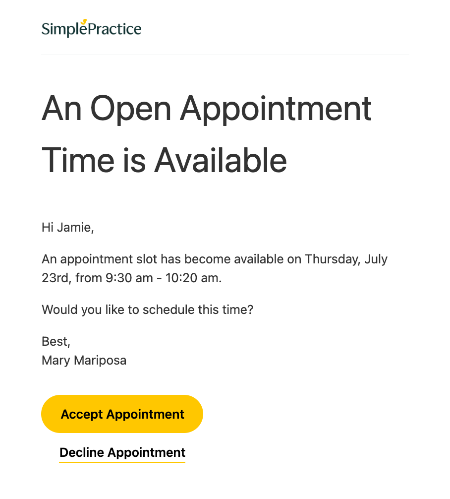 Appointment offer email showing the available appointment date and time with options to Accept Appointment or Decline Appointment.