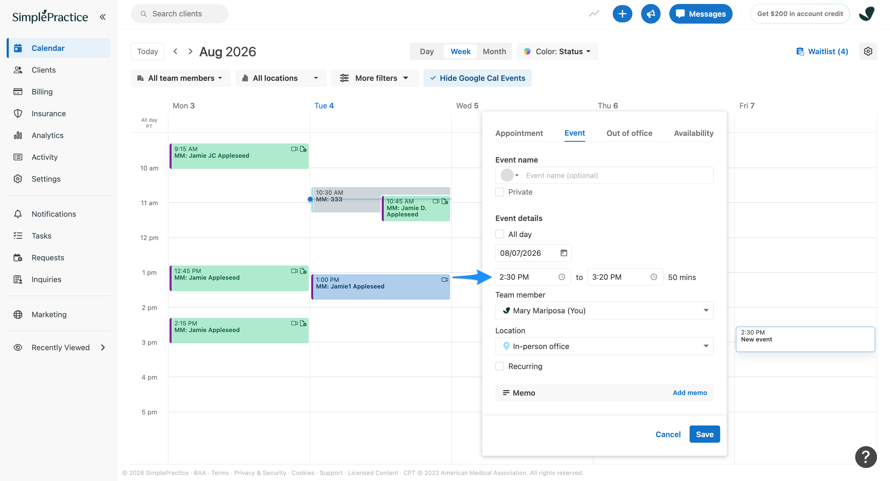 Calendar Event flyout with a blue arrow pointing to the event date and time fields under Event details.