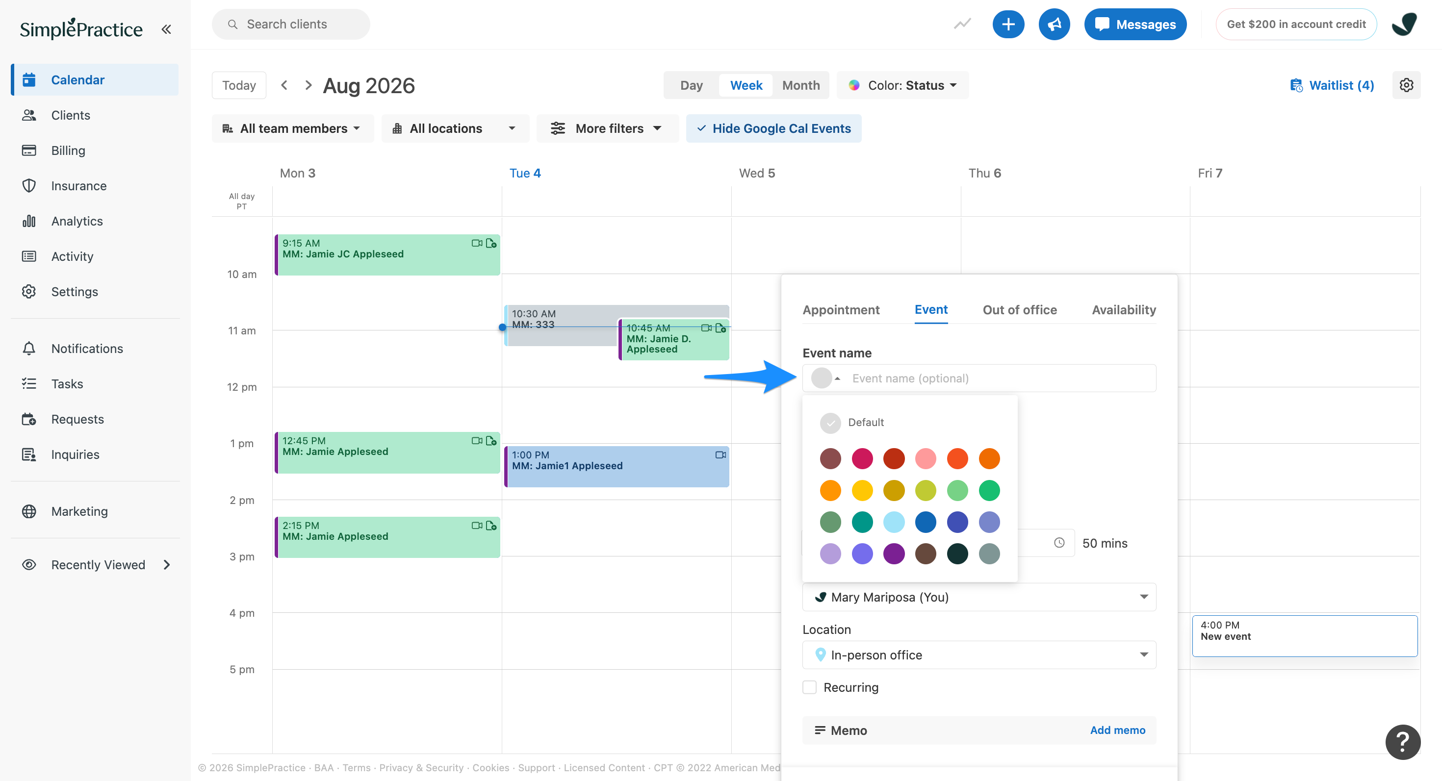 Event creation panel with the color picker open to select a color for the event.