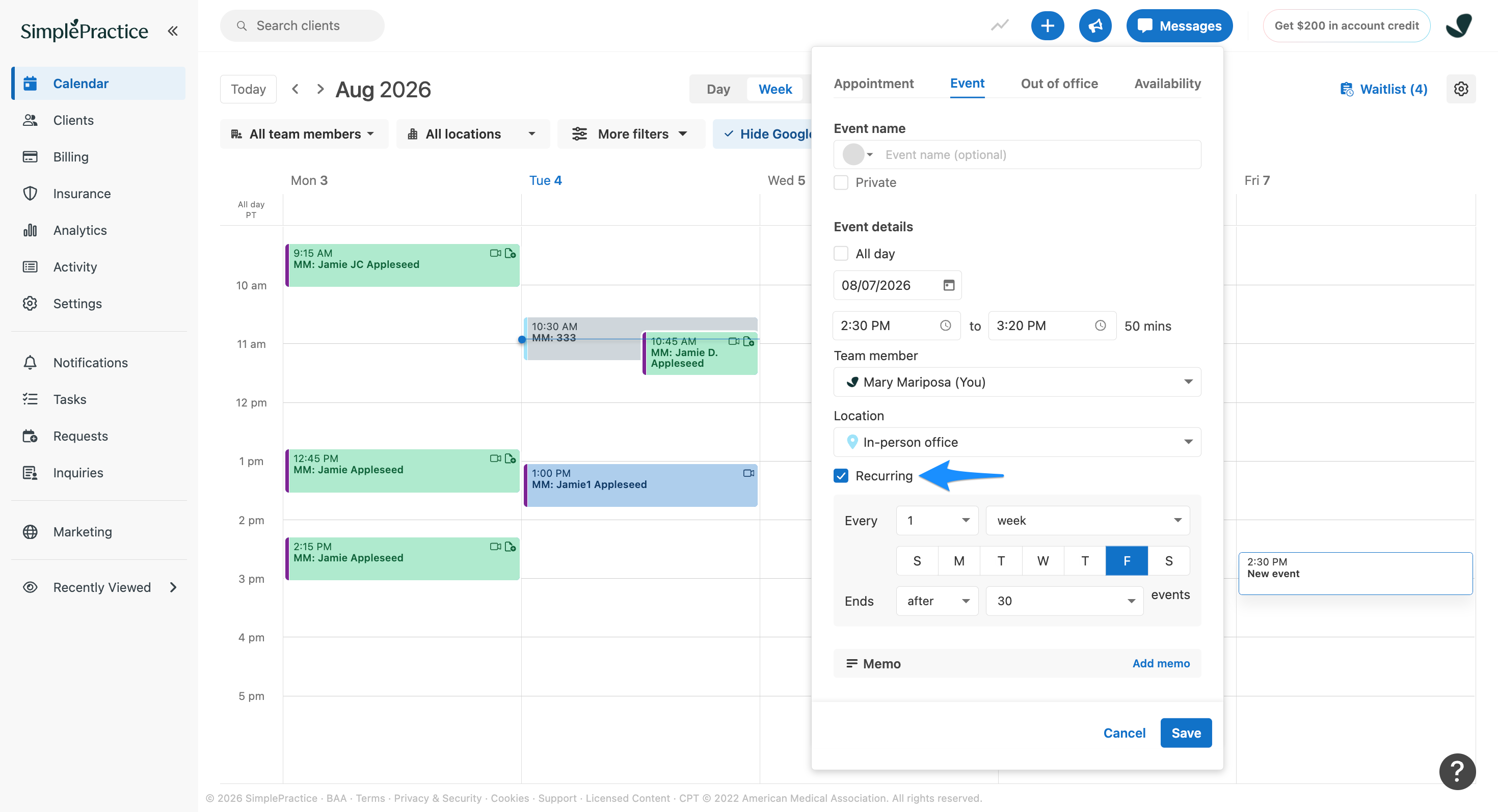 The Recurring checkbox selected when creating a calendar event