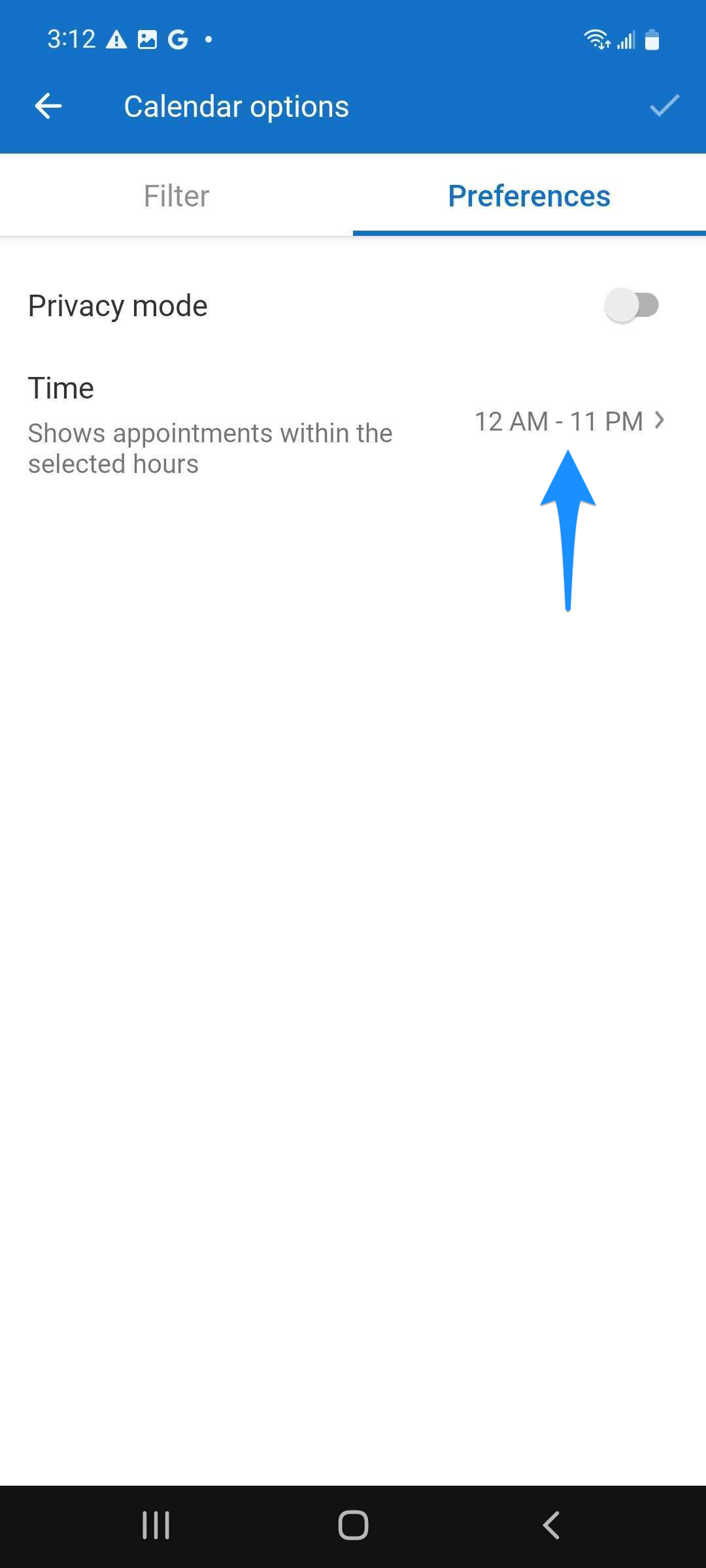 Calendar options Preferences screen with a blue arrow pointing to the Time setting showing 12 AM - 11 PM.