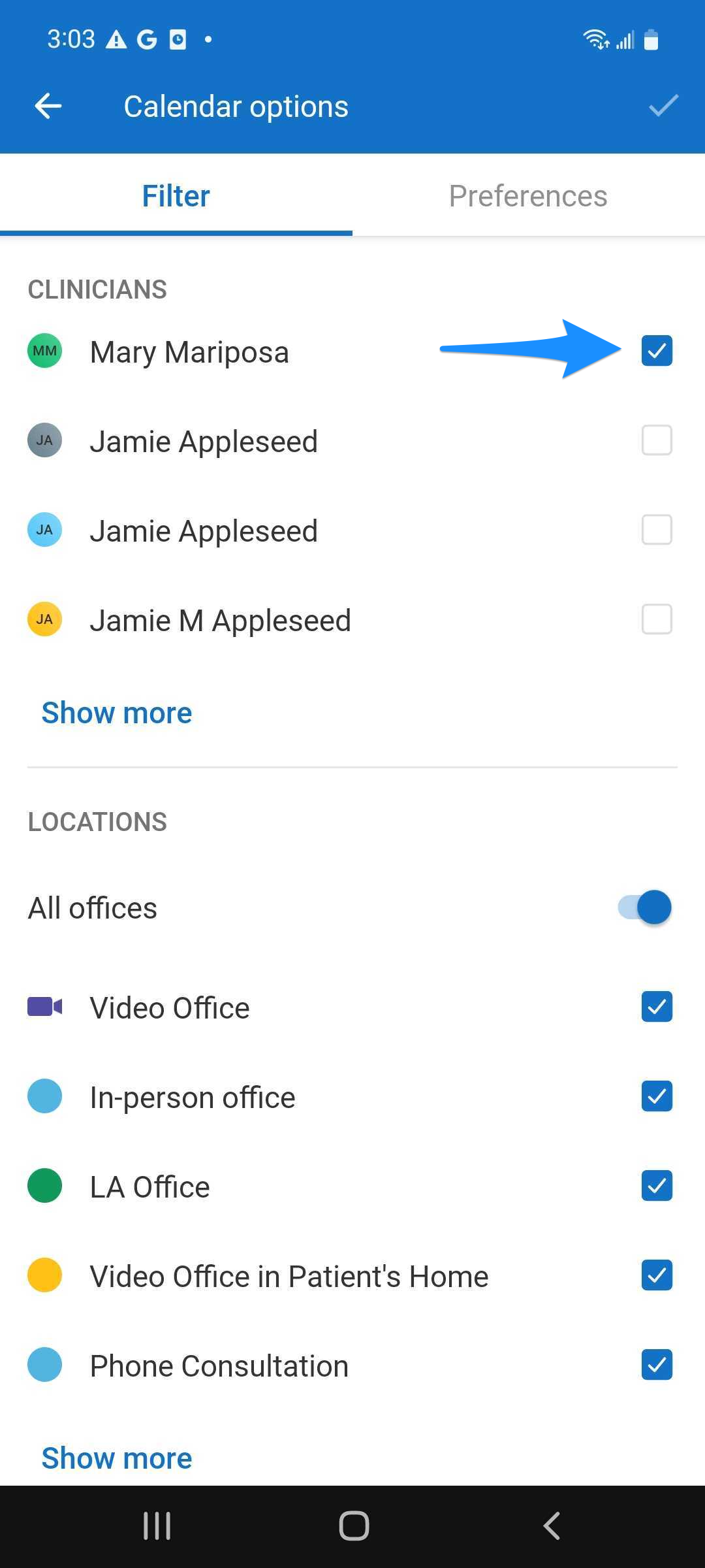 Calendar options screen with a blue arrow pointing to the selected checkbox for Mary Mariposa in the Clinicians section.