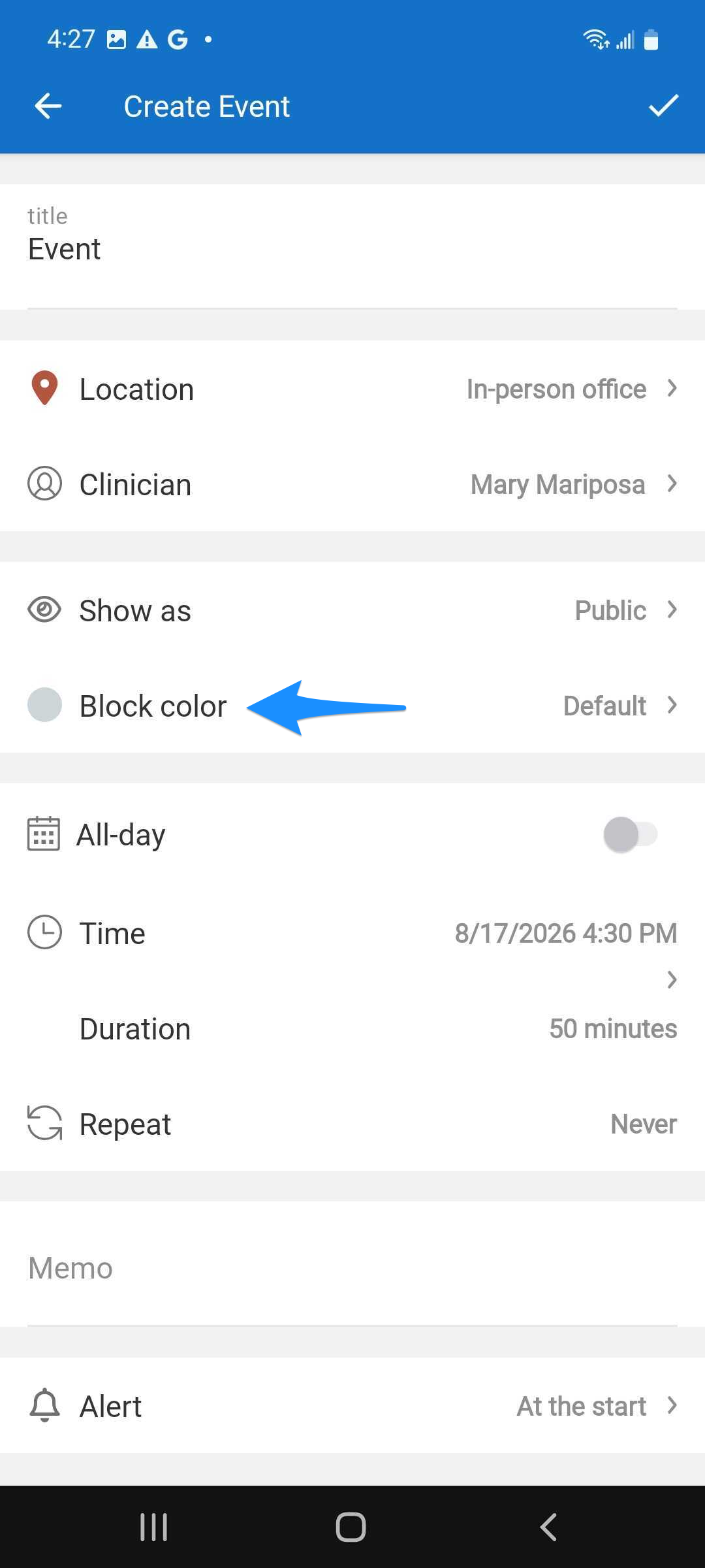 Create Event screen with a blue arrow pointing to the Block color setting.