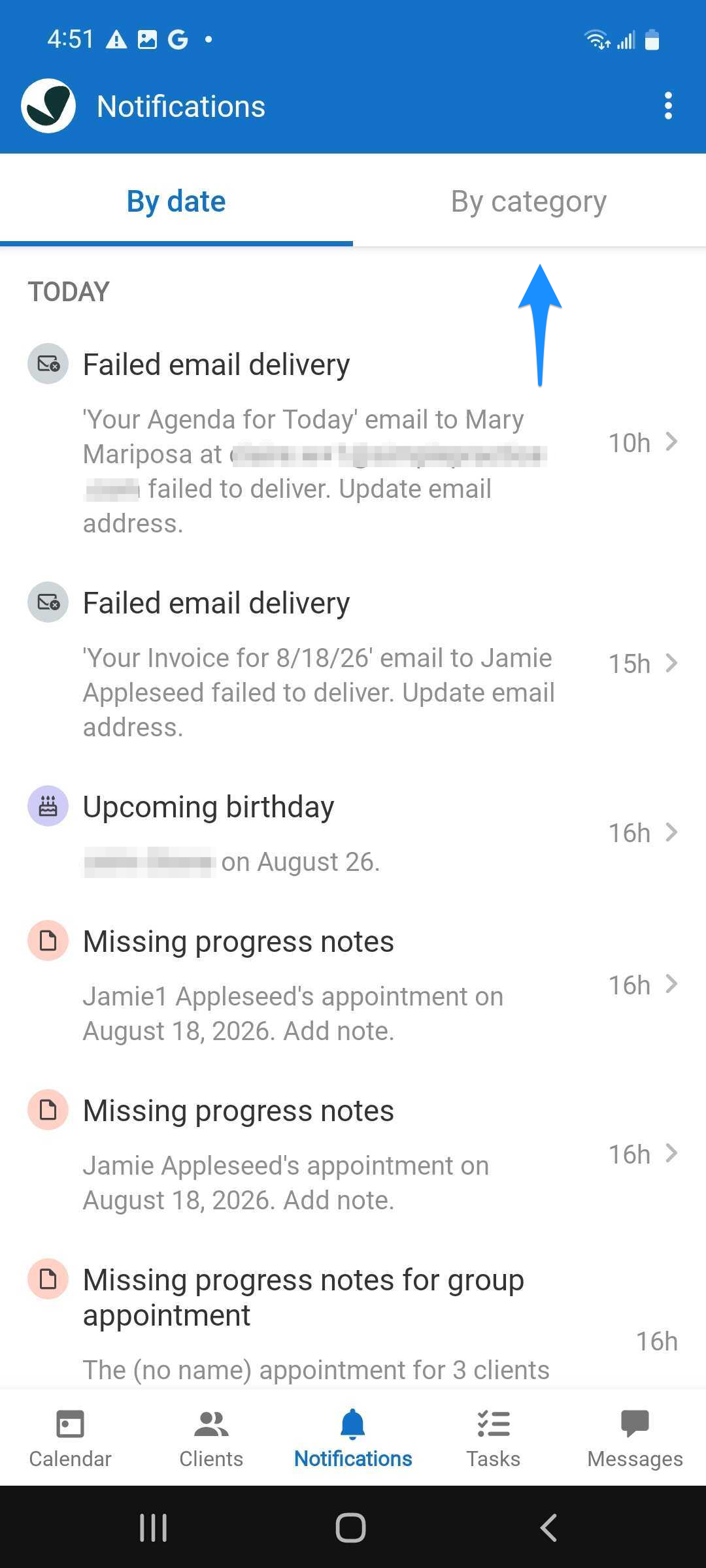 Notifications screen with a blue arrow pointing to the By category tab.