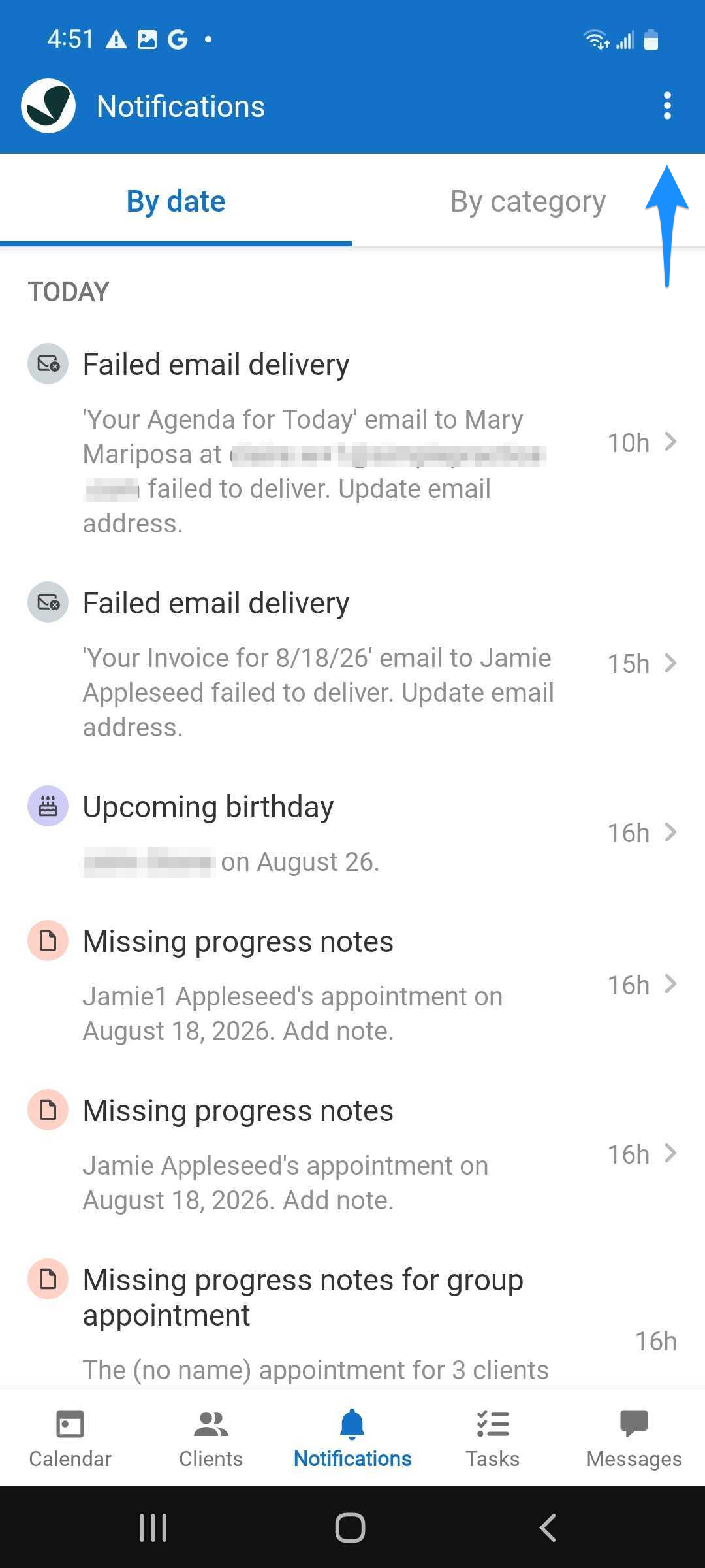 Notifications screen with a blue arrow pointing to the three-dot menu.