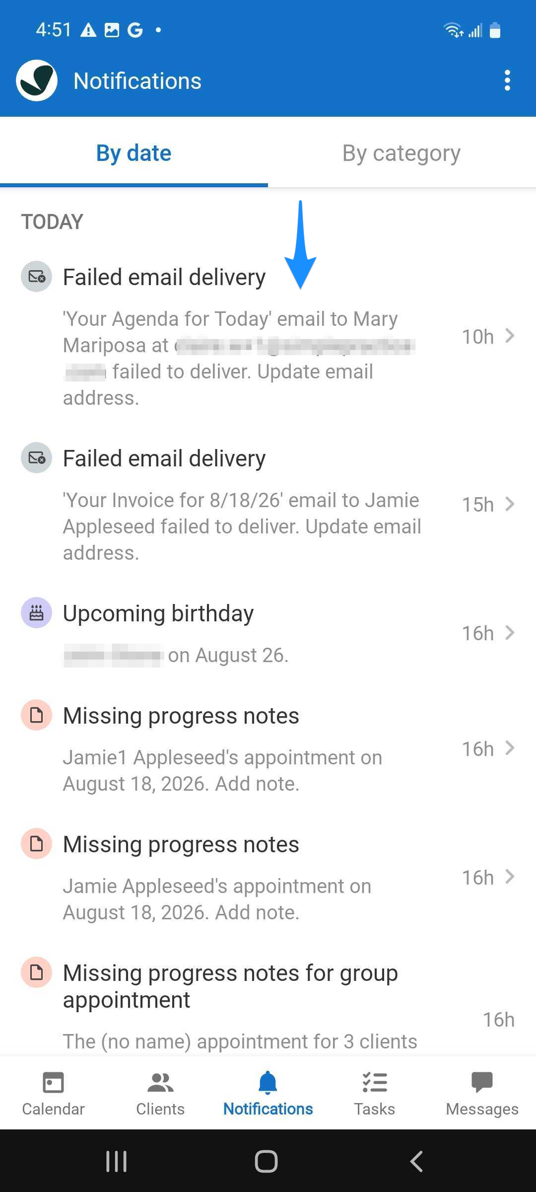 Notifications screen with a blue arrow pointing to a notification.