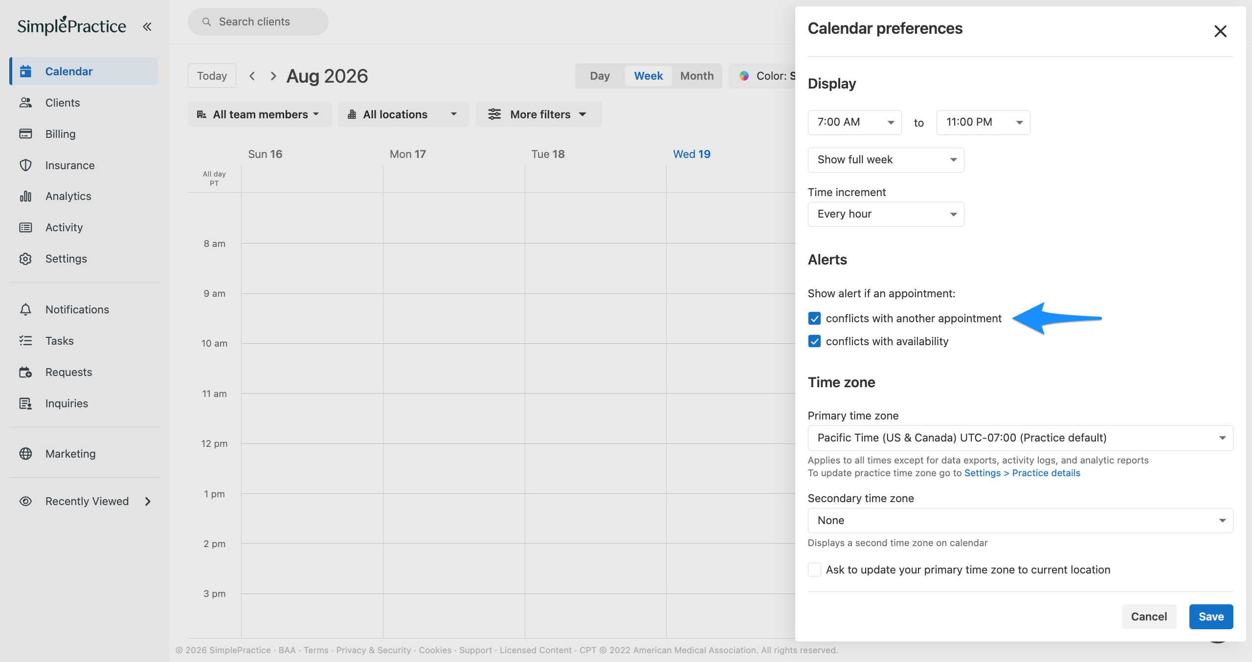 Calendar preferences panel showing the option to alert when an appointment conflicts with another appointment.
