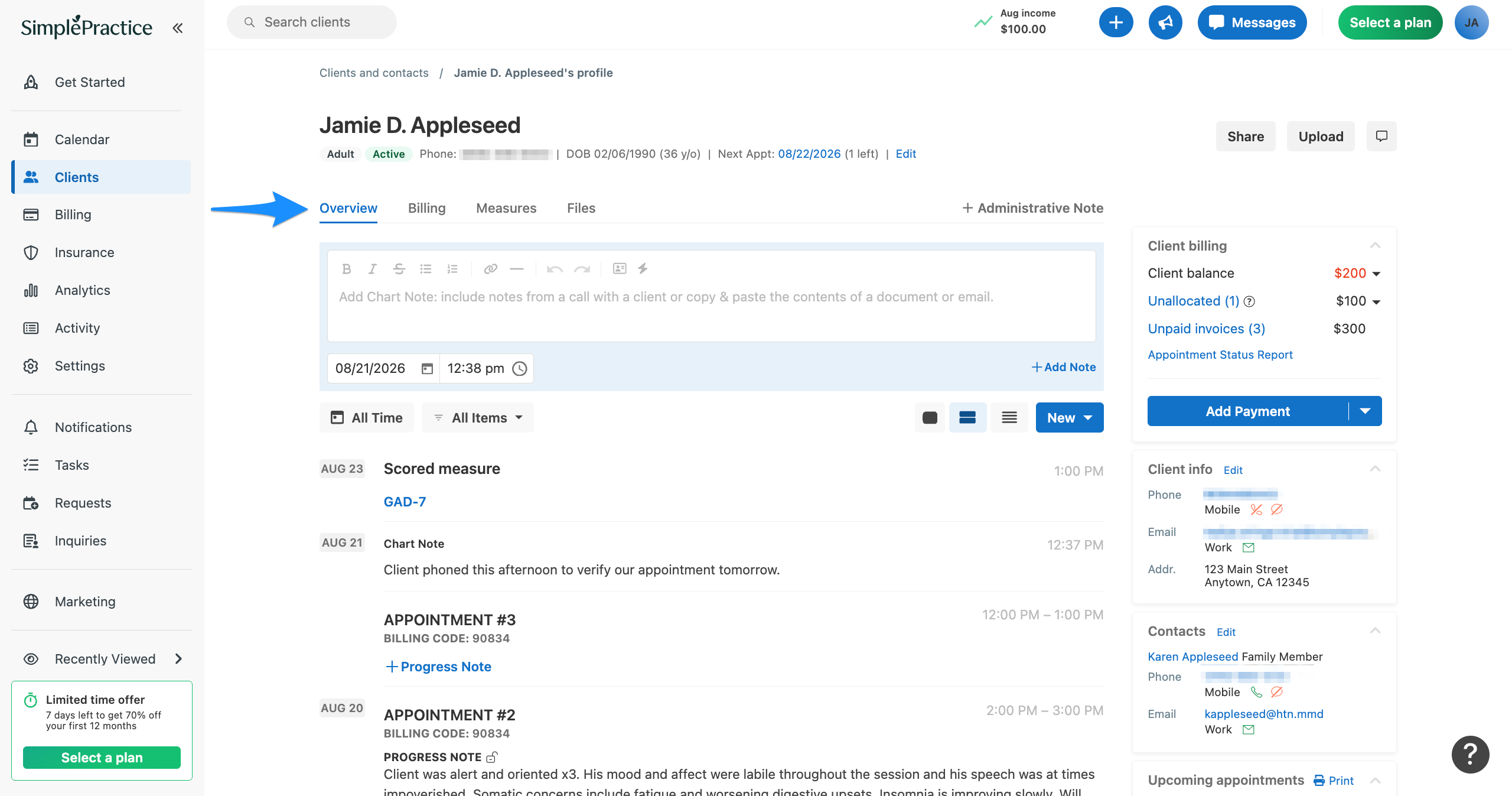 Client Overview with a blue arrow pointing to the tabs.