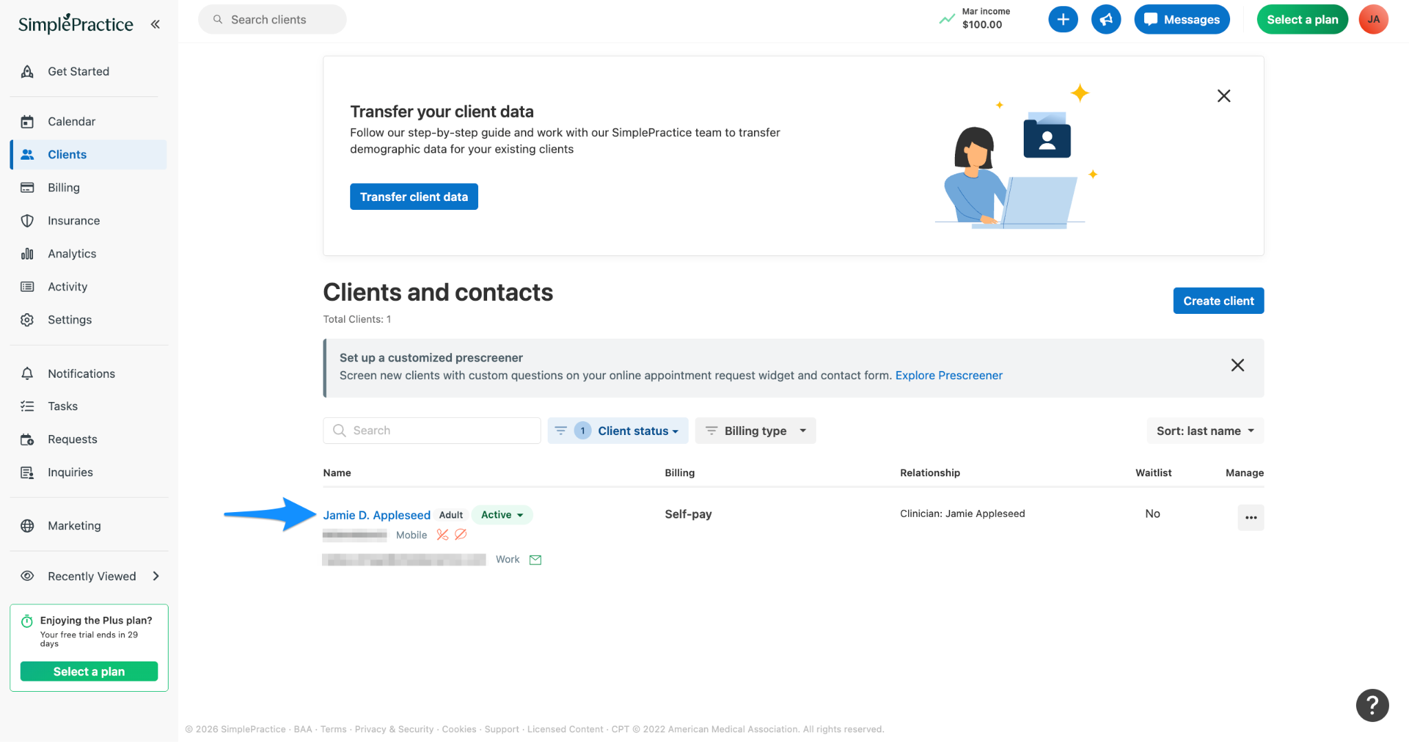 Clients and contacts page with a blue arrow pointing to the demo client’s name.