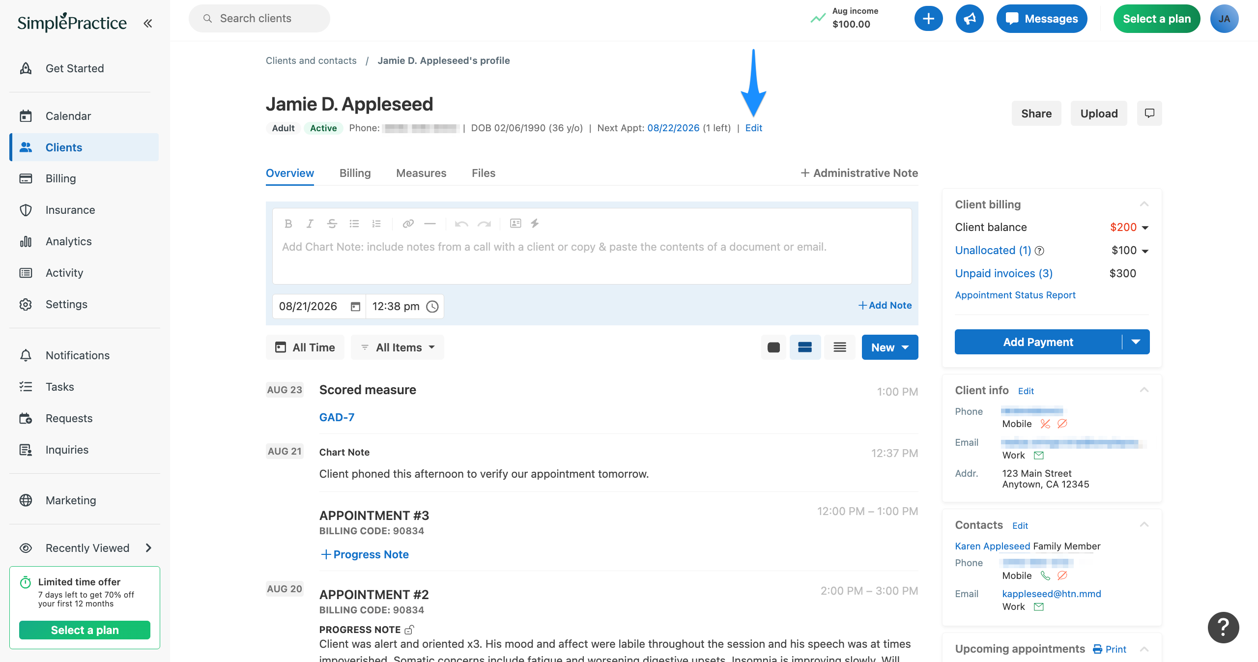 Client Overview with a blue arrow pointing to the Edit link next to the client’s information.
