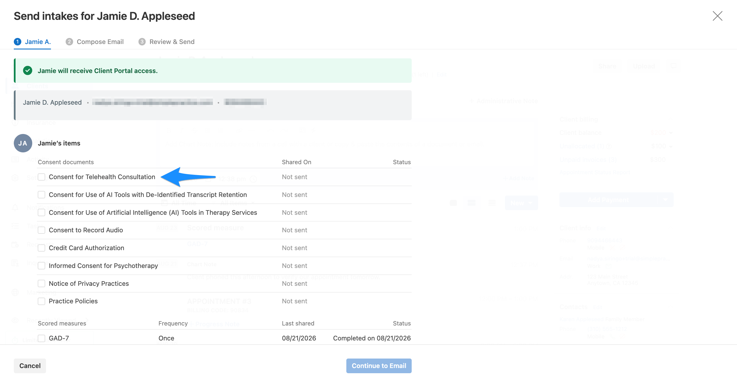 Send intakes window with a blue arrow pointing to the checkbox for a document to share.