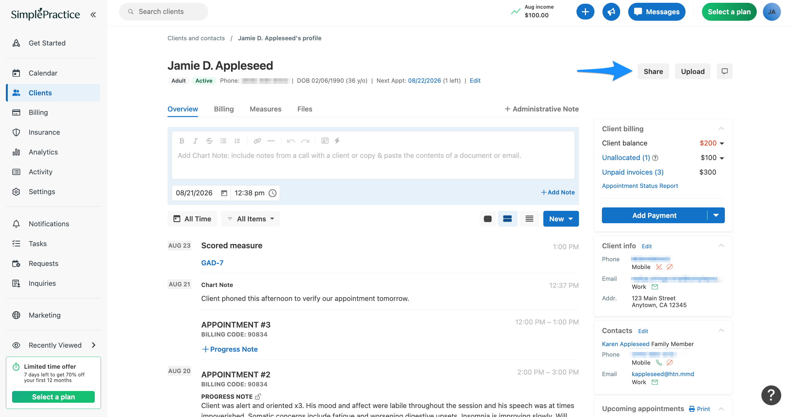 Client Overview with a blue arrow pointing to Share.