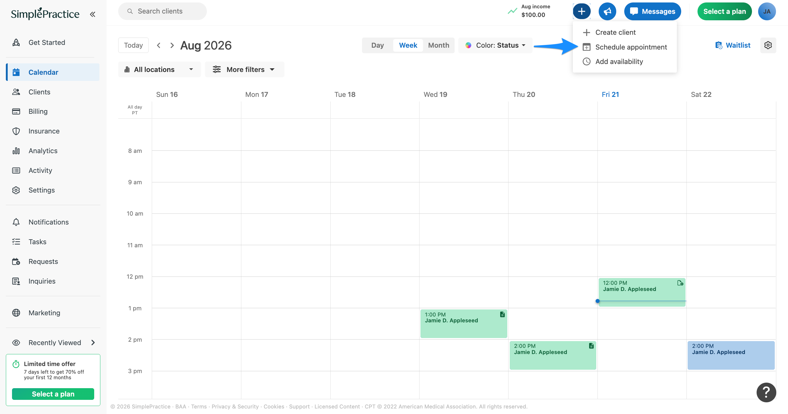 Calendar with the create menu open and a blue arrow pointing to Schedule appointment.