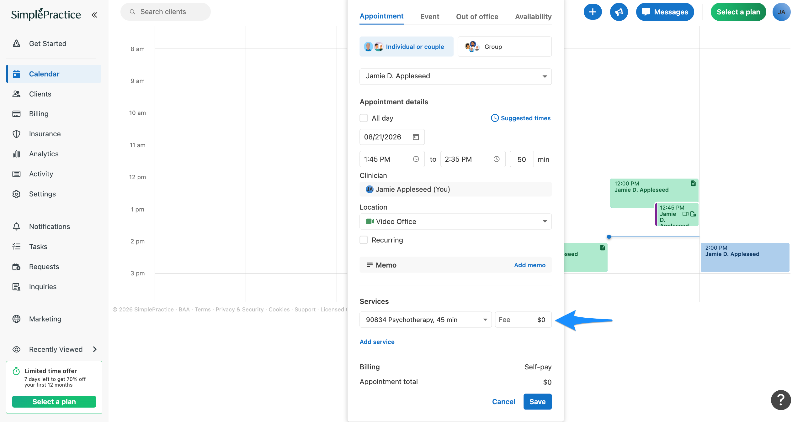 Appointment setup with a blue arrow pointing to the Fee field for the selected service.