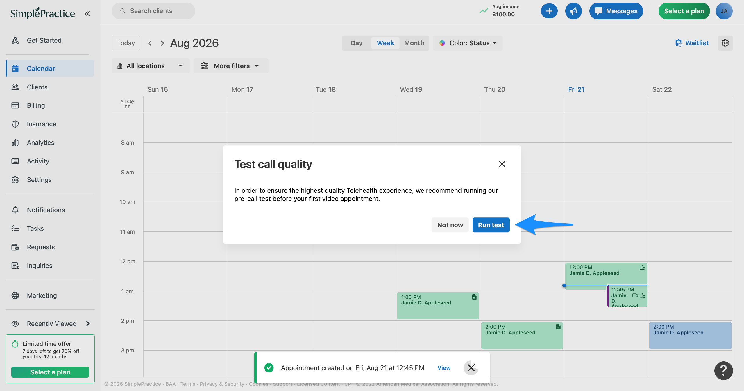 Test call quality dialog with a blue arrow pointing to Run test.