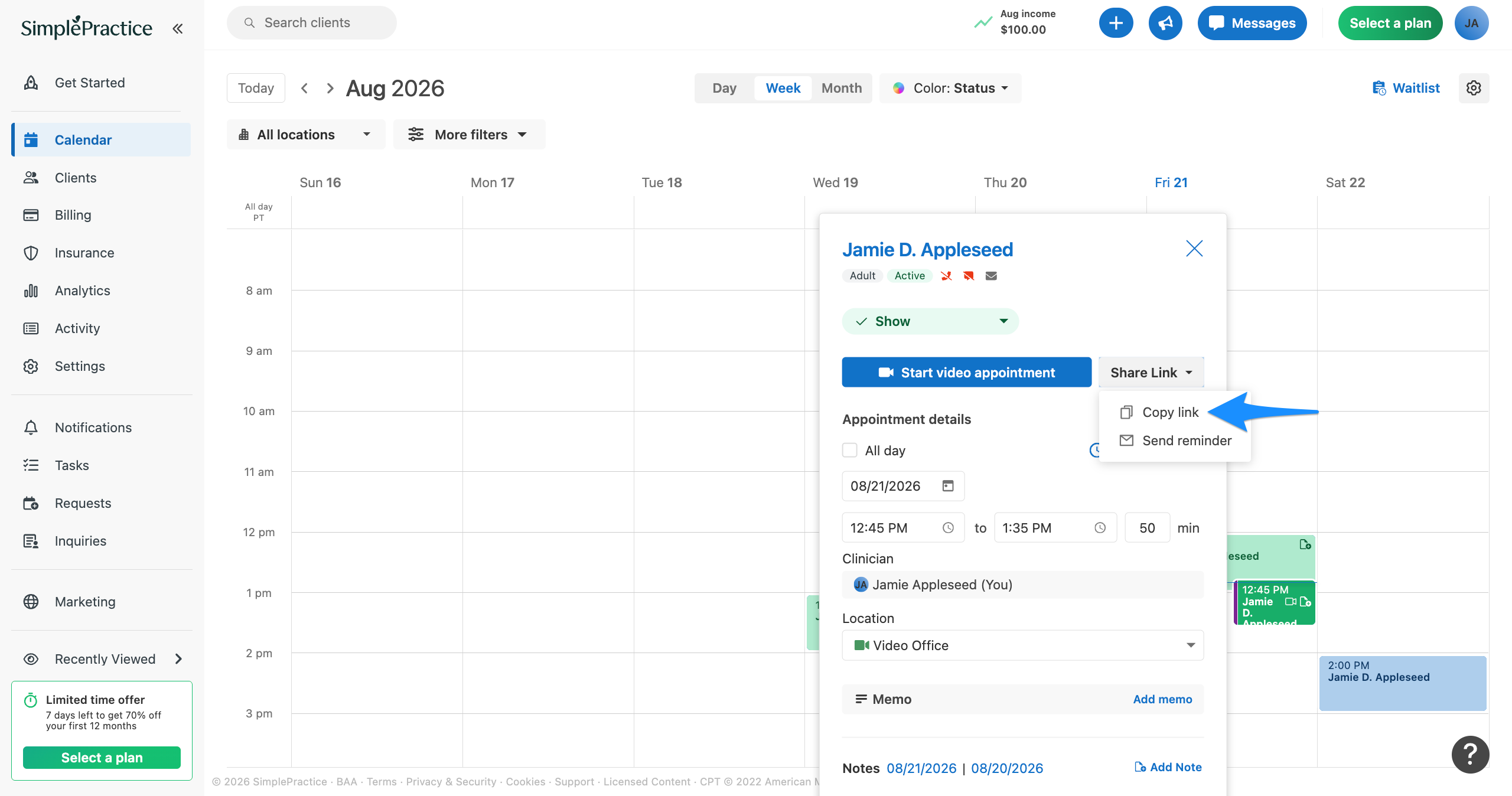 Appointment details with the Share Link menu open and a blue arrow pointing to Copy link.