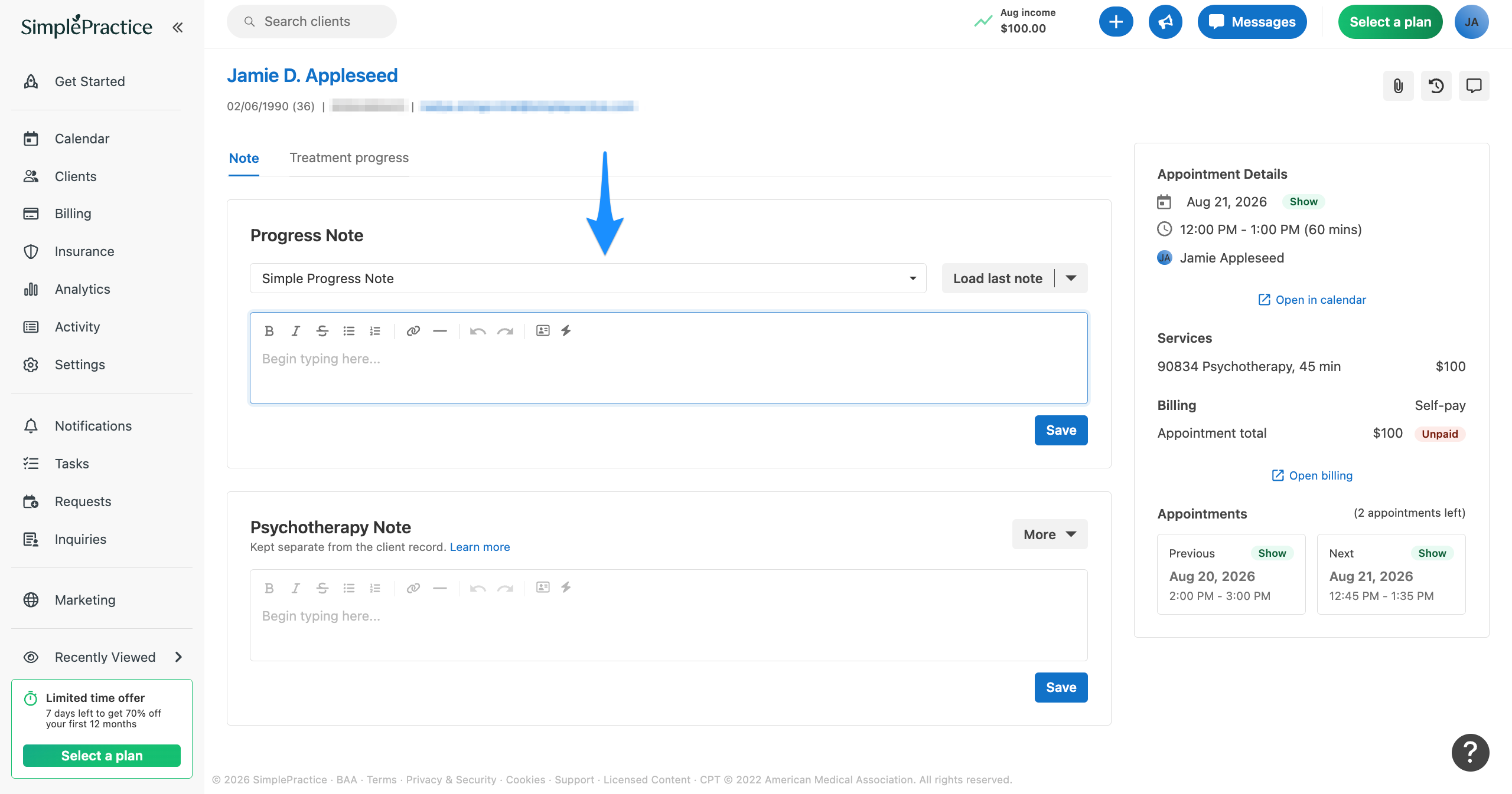 Progress Note section with a blue arrow pointing to the progress note template dropdown.