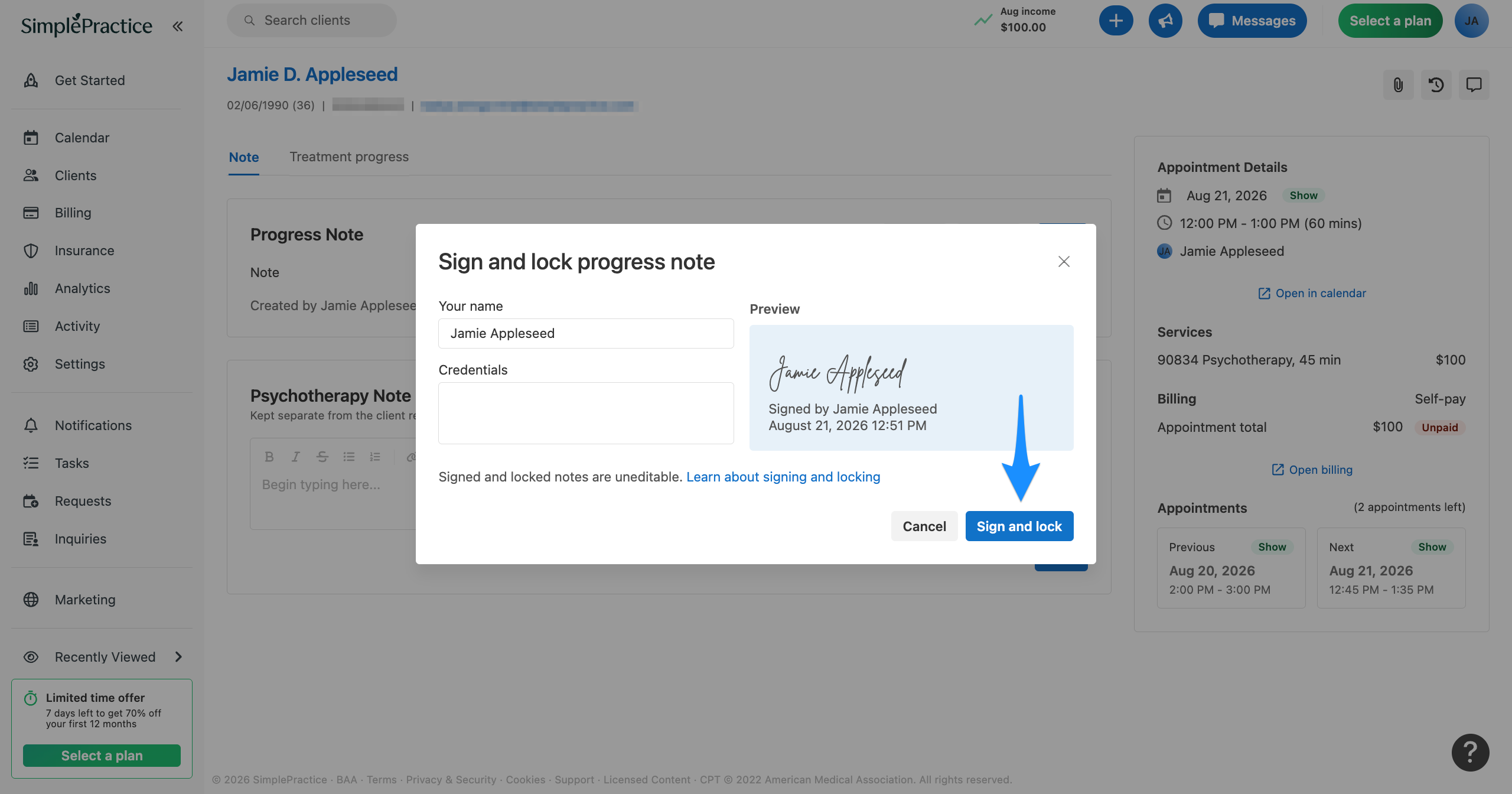 Sign and lock progress note dialog with a blue arrow pointing to Sign and lock.