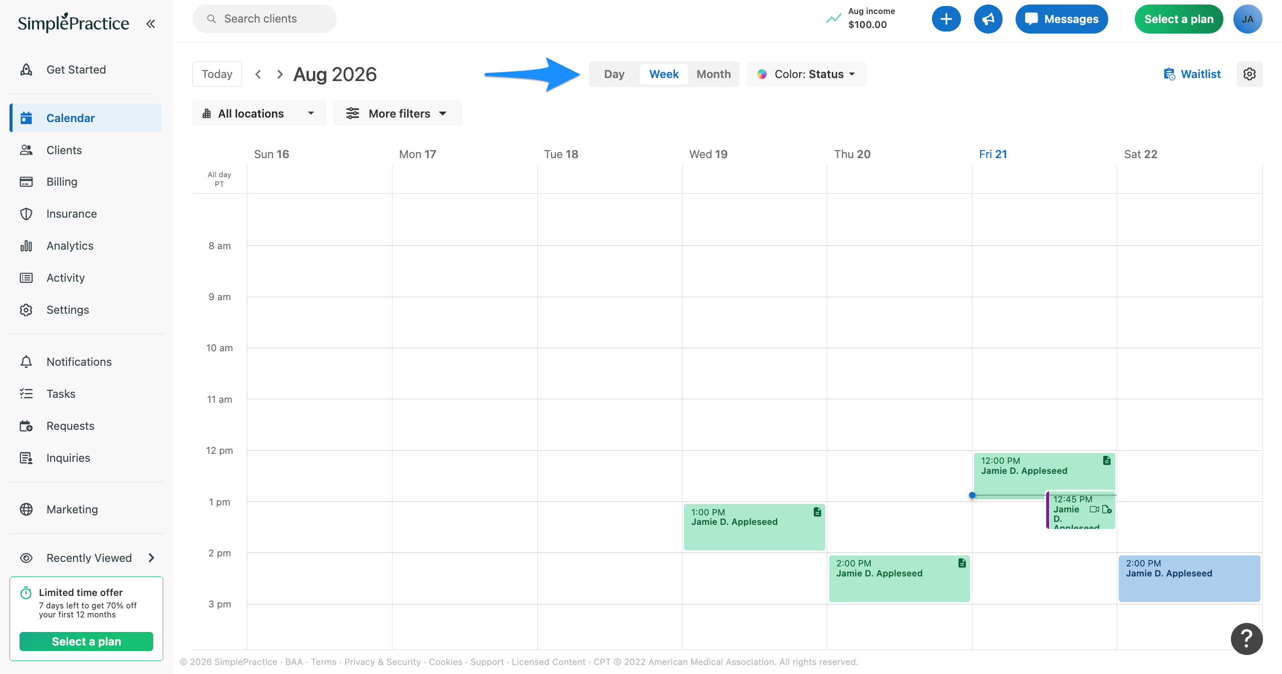Calendar with a blue arrow pointing to the Day, Week, and Month view options.