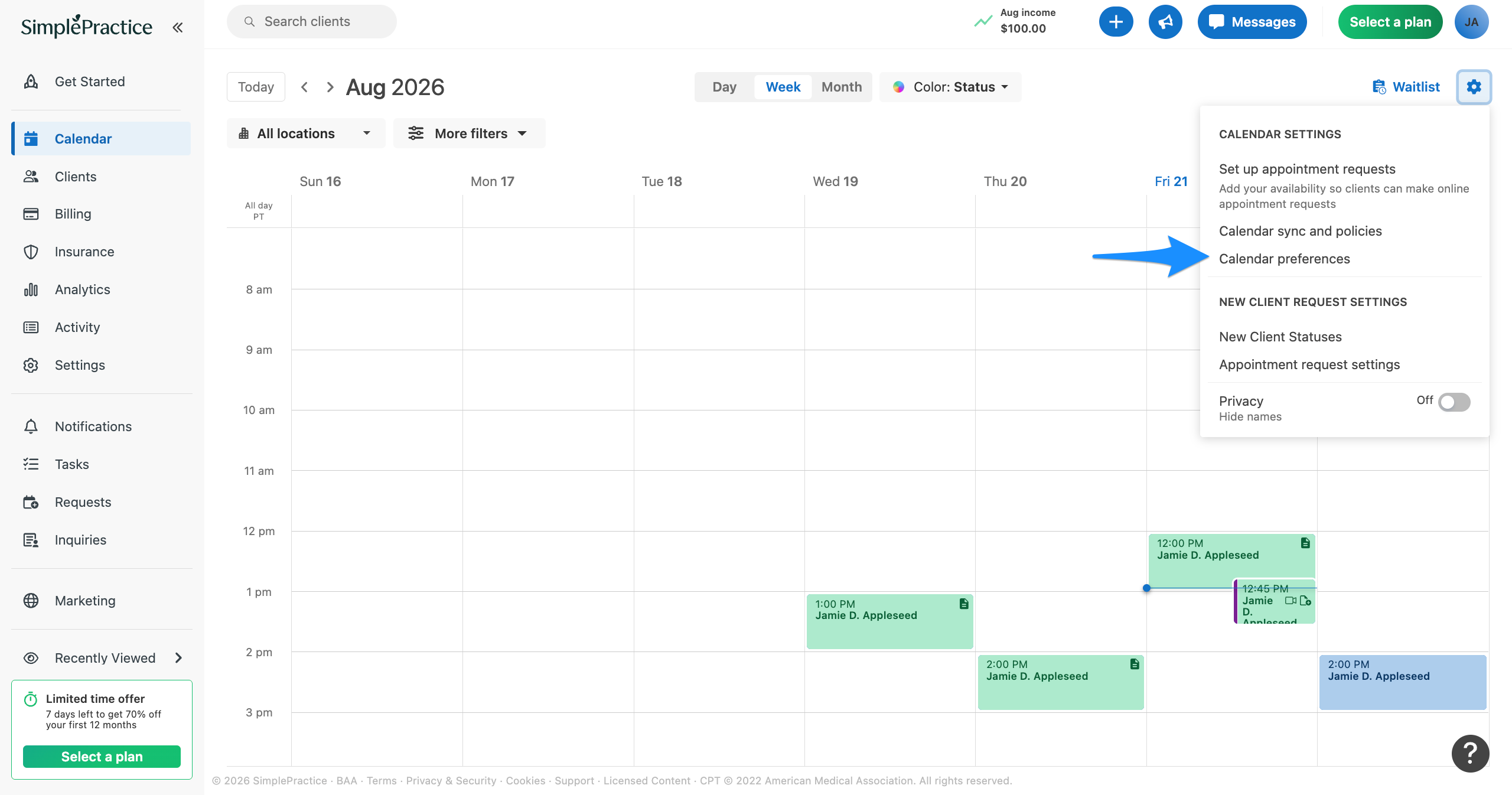Calendar settings menu with a blue arrow pointing to Calendar preferences.