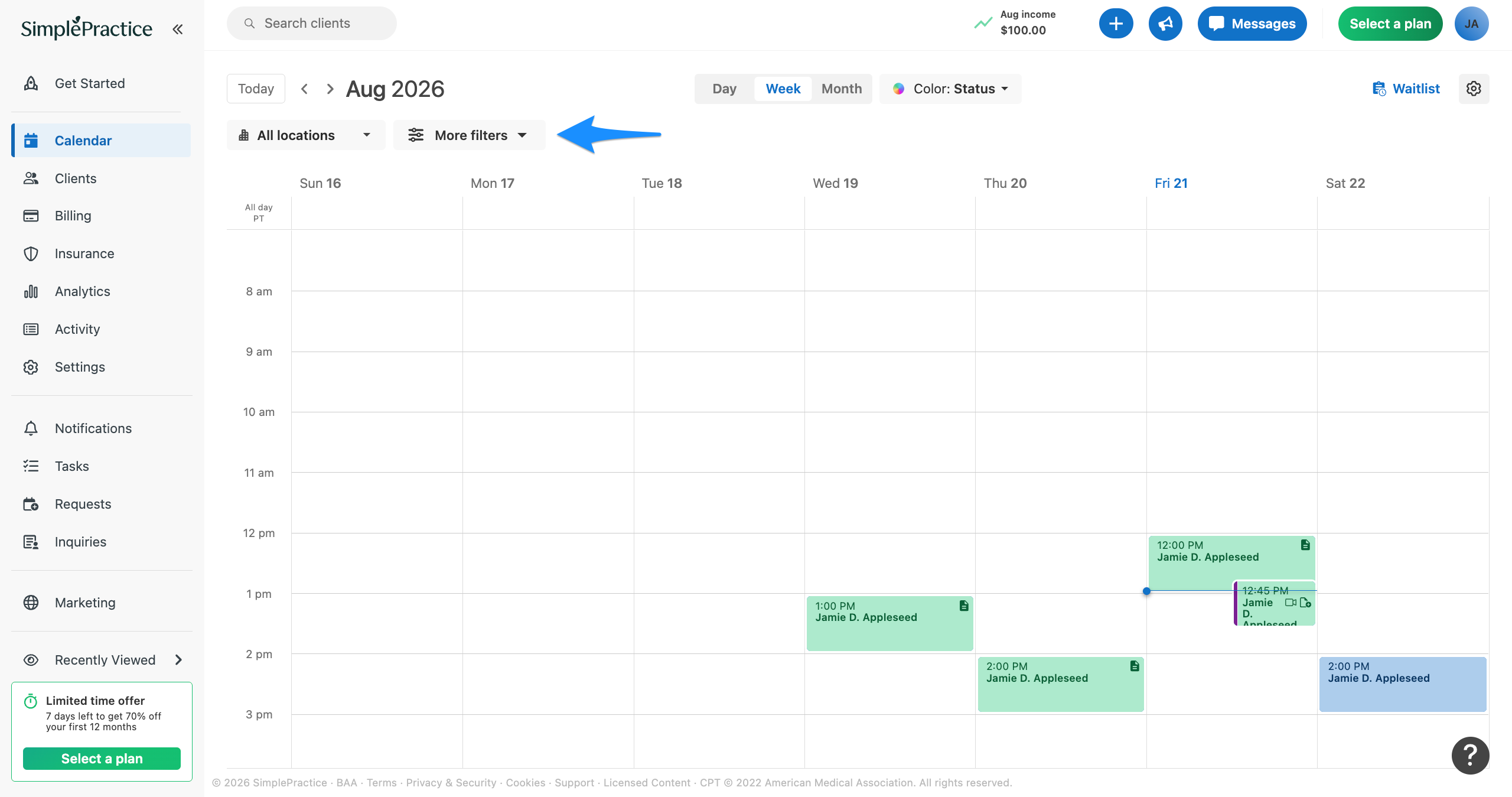 Calendar with a blue arrow pointing to All locations filter and More filters.