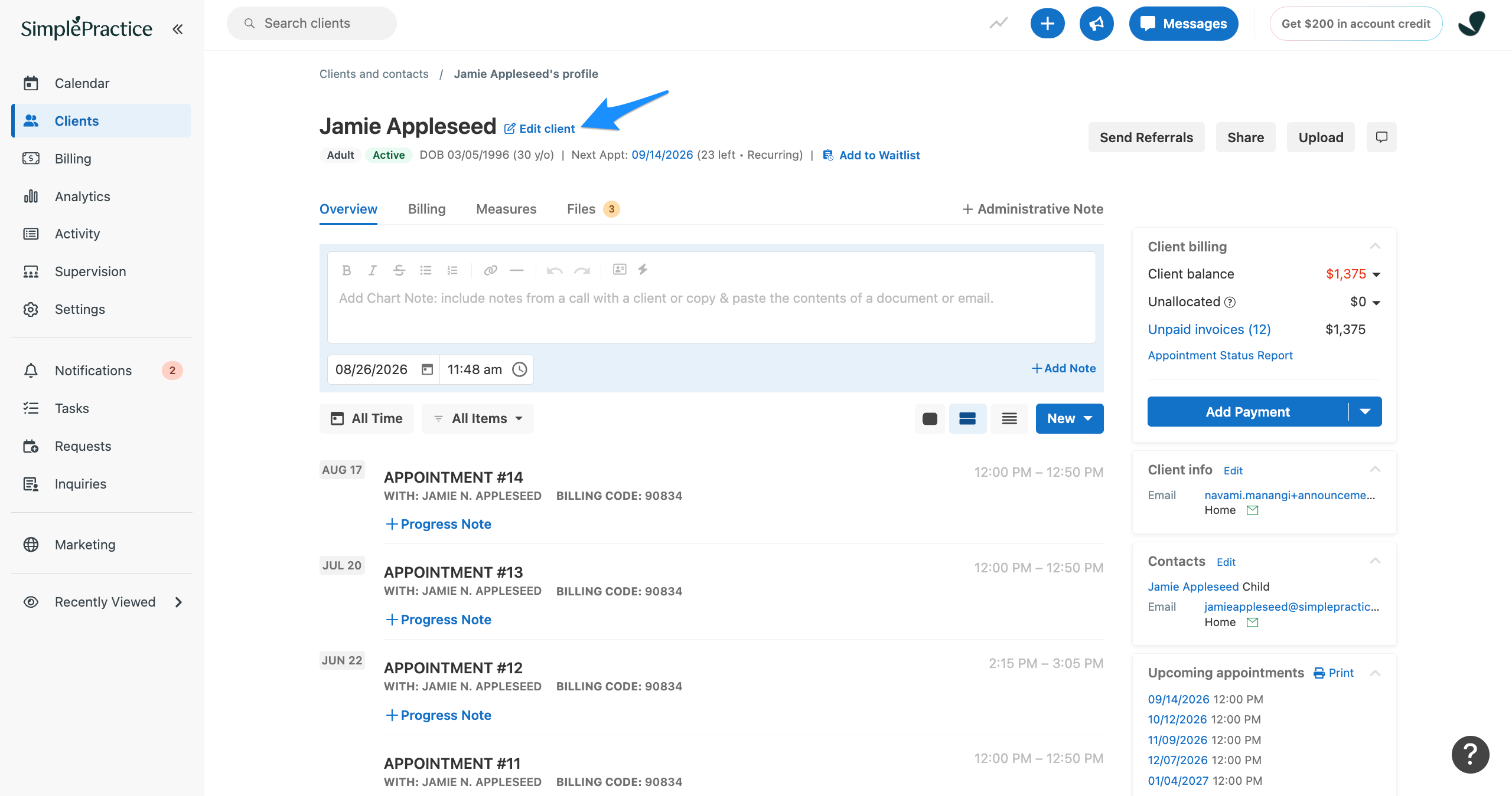 Blue arrow points to the Edit client link next to the client’s name on the Overview page.