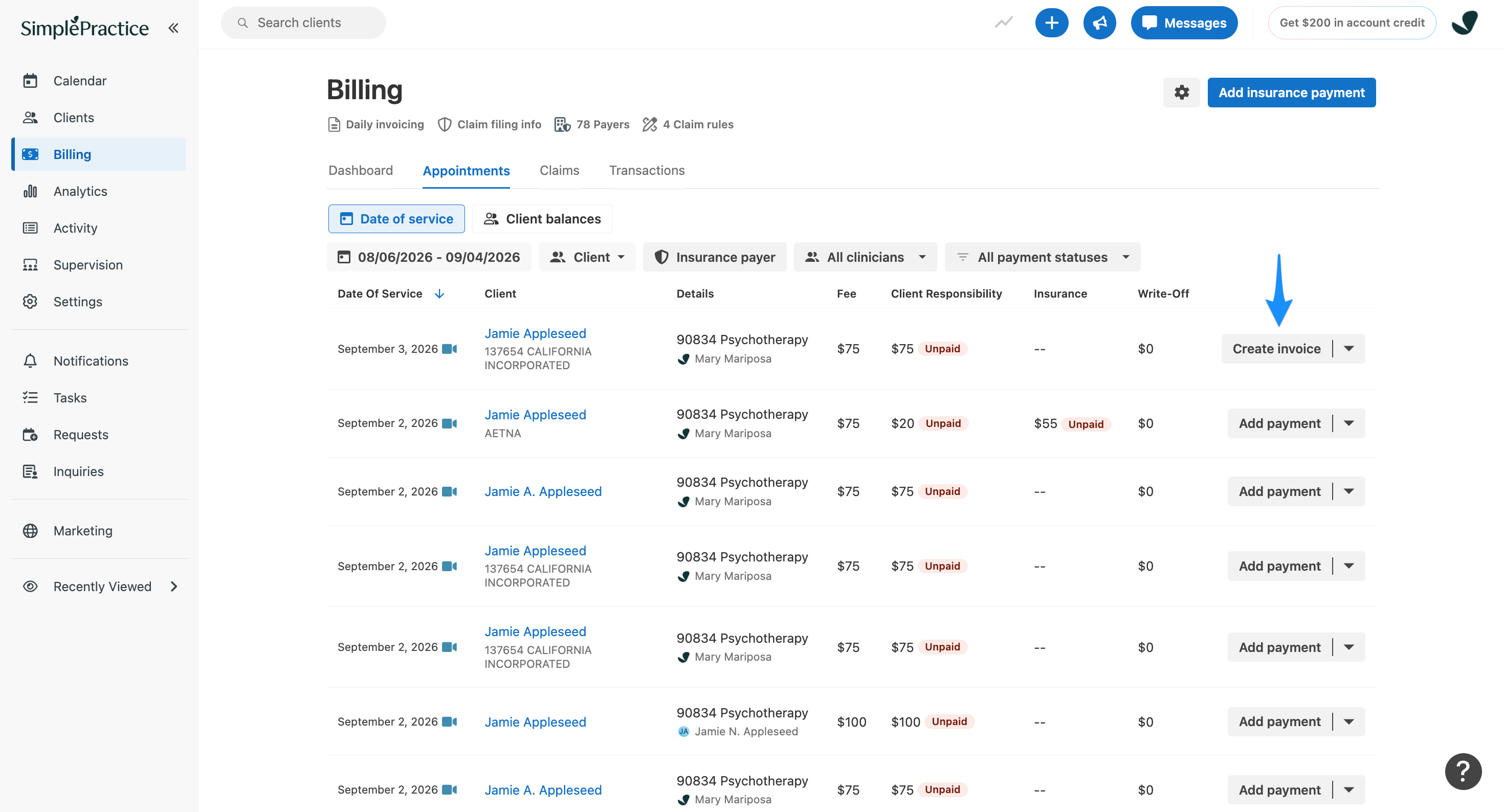 Blue arrow points to the Create invoice button for an unpaid appointment in the billing hub.