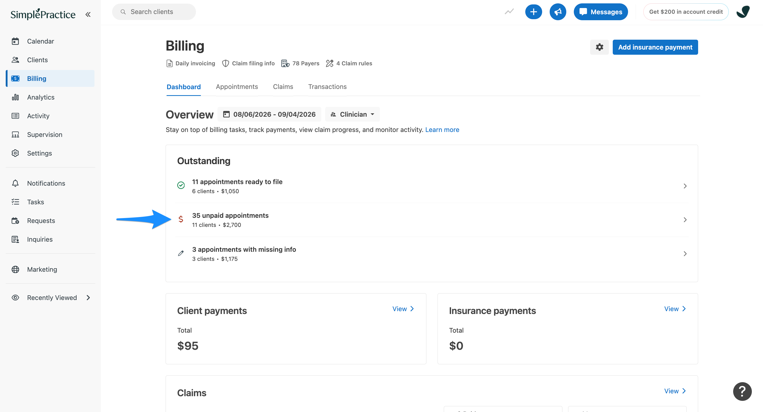 Blue arrow points to the 35 unpaid appointments section on the Billing hub.