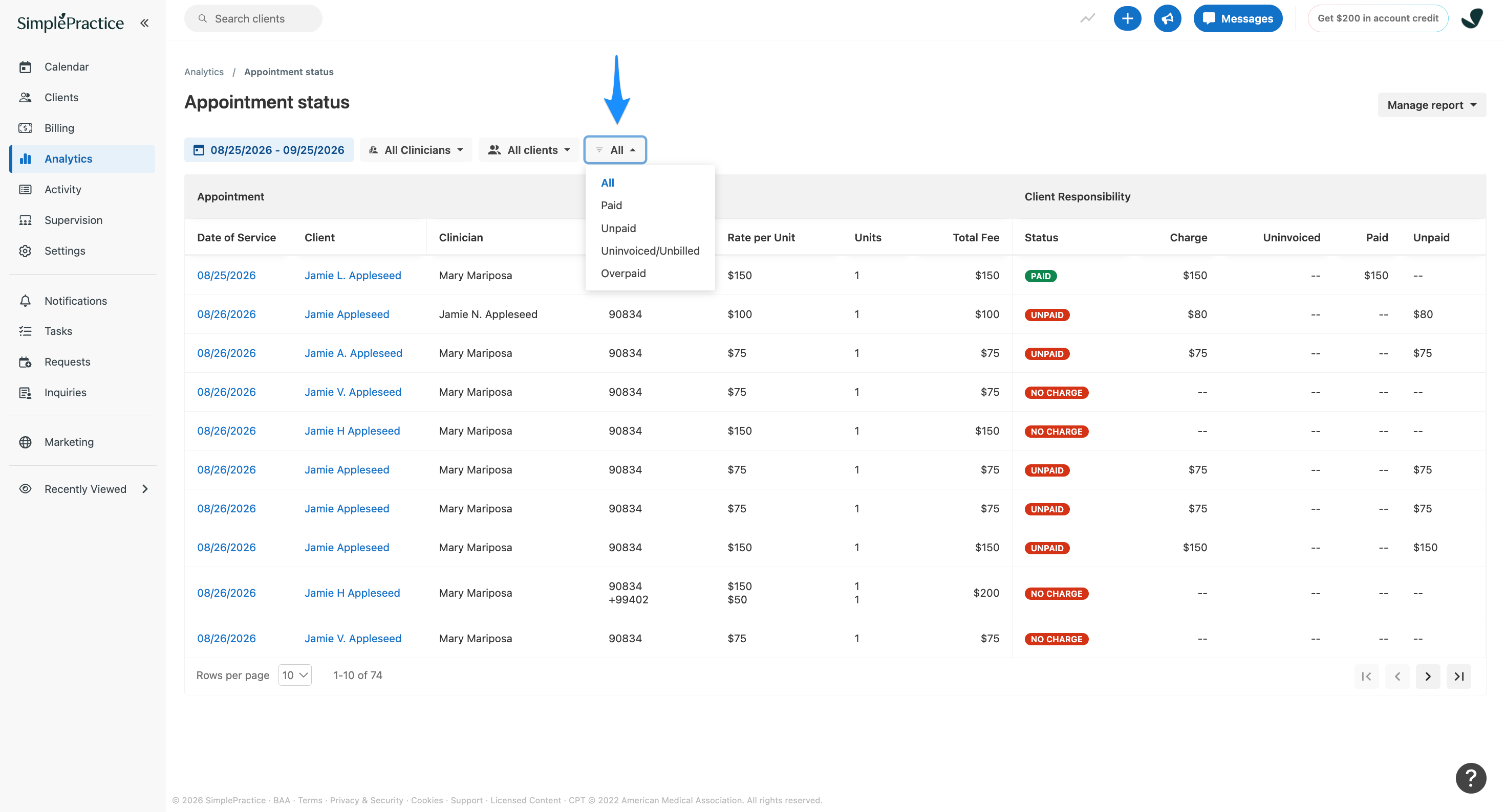 Blue arrow points to the payment status filter on the Appointment status report, with options including Paid, Unpaid, Uninvoiced/Unbilled, and Overpaid.