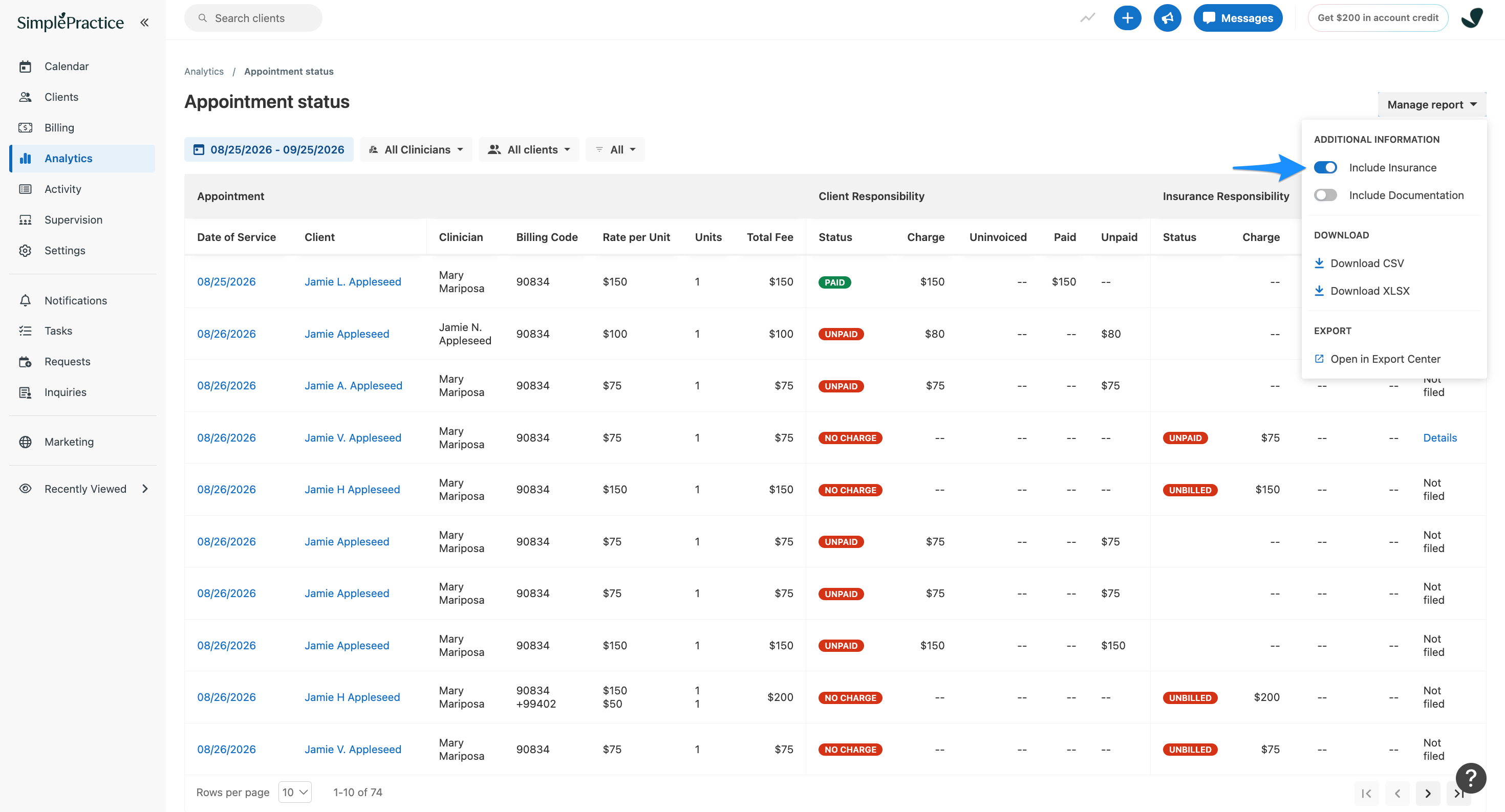 Blue arrow points to the Include Insurance toggle in the Manage report menu.